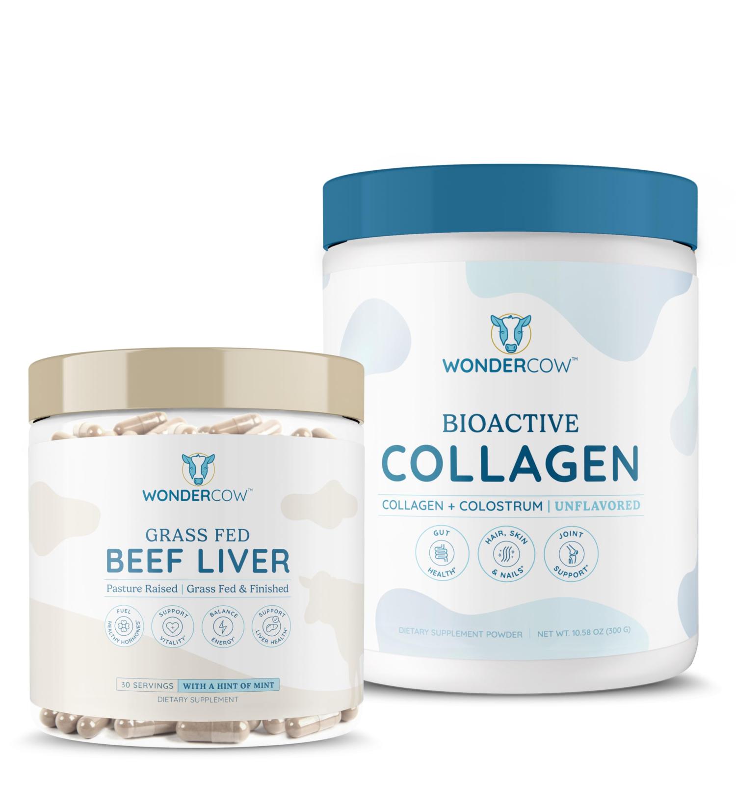 WONDERCOW Bioactive Collagen w/Bovine Colostrum Powder + Grassfed Beef Liver Supplement Capsules - Buy Online on GoSupps.com