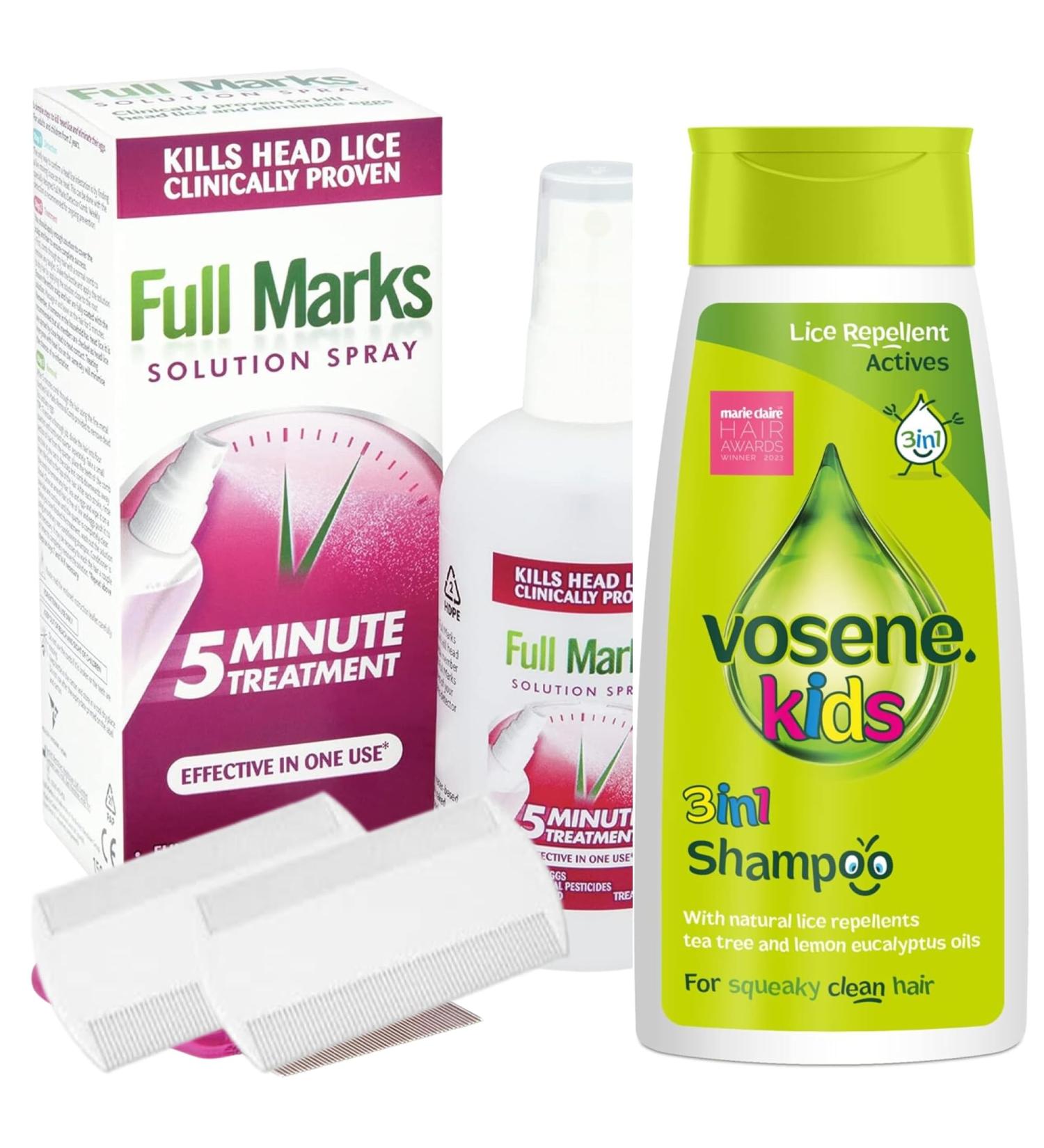 Headlice Treatment & Repellent Set: Full Marks Headlice Killer, Vosene Kids Shampoo, RobertScotts Nit Combs - Buy Online on GoSupps.com