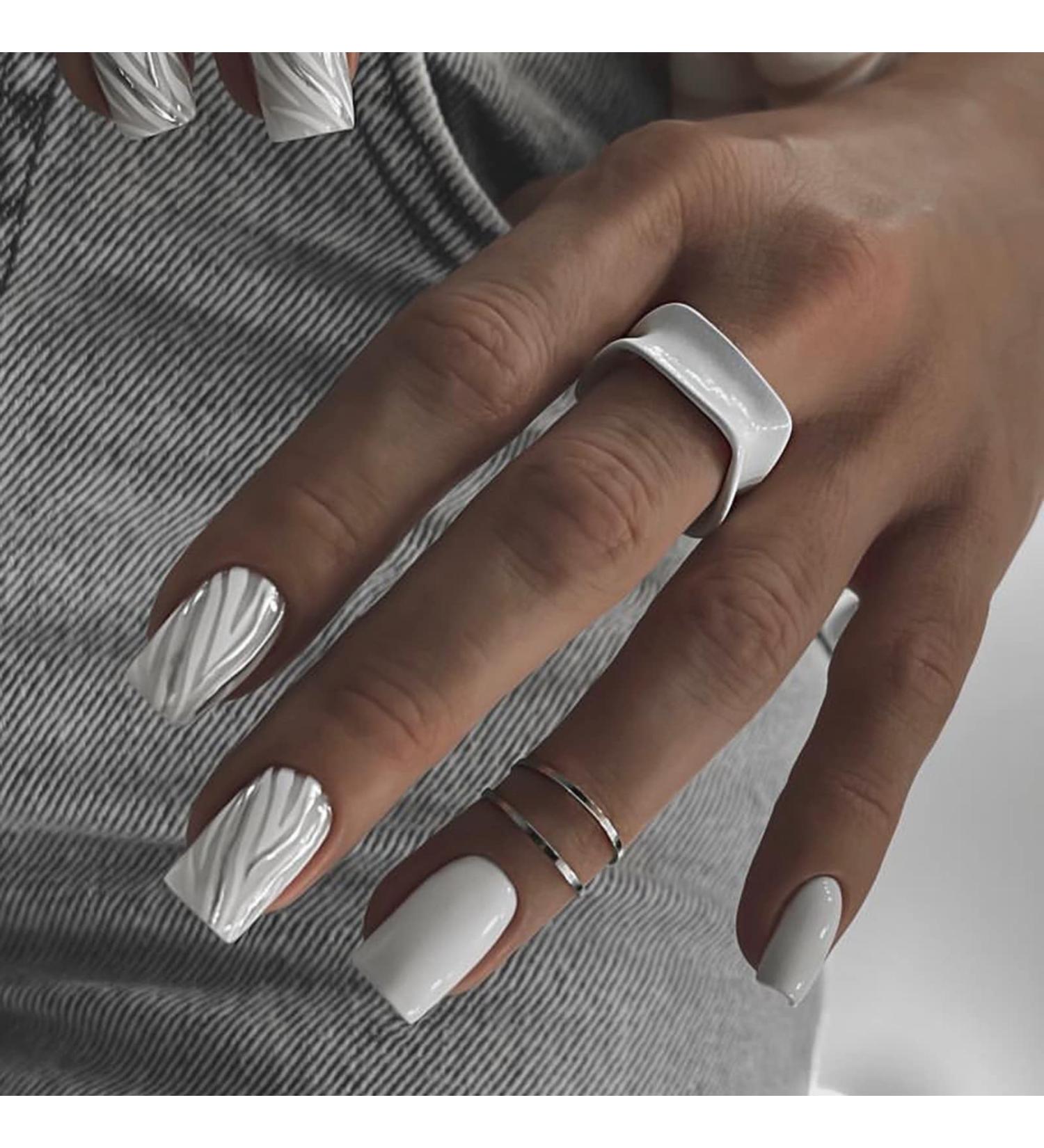 Justotry 24 Piece Silver Swirl Press On Nails | Angular Medium Milky French Artificial Acrylic Nails for Women - Buy Online on GoSupps.com