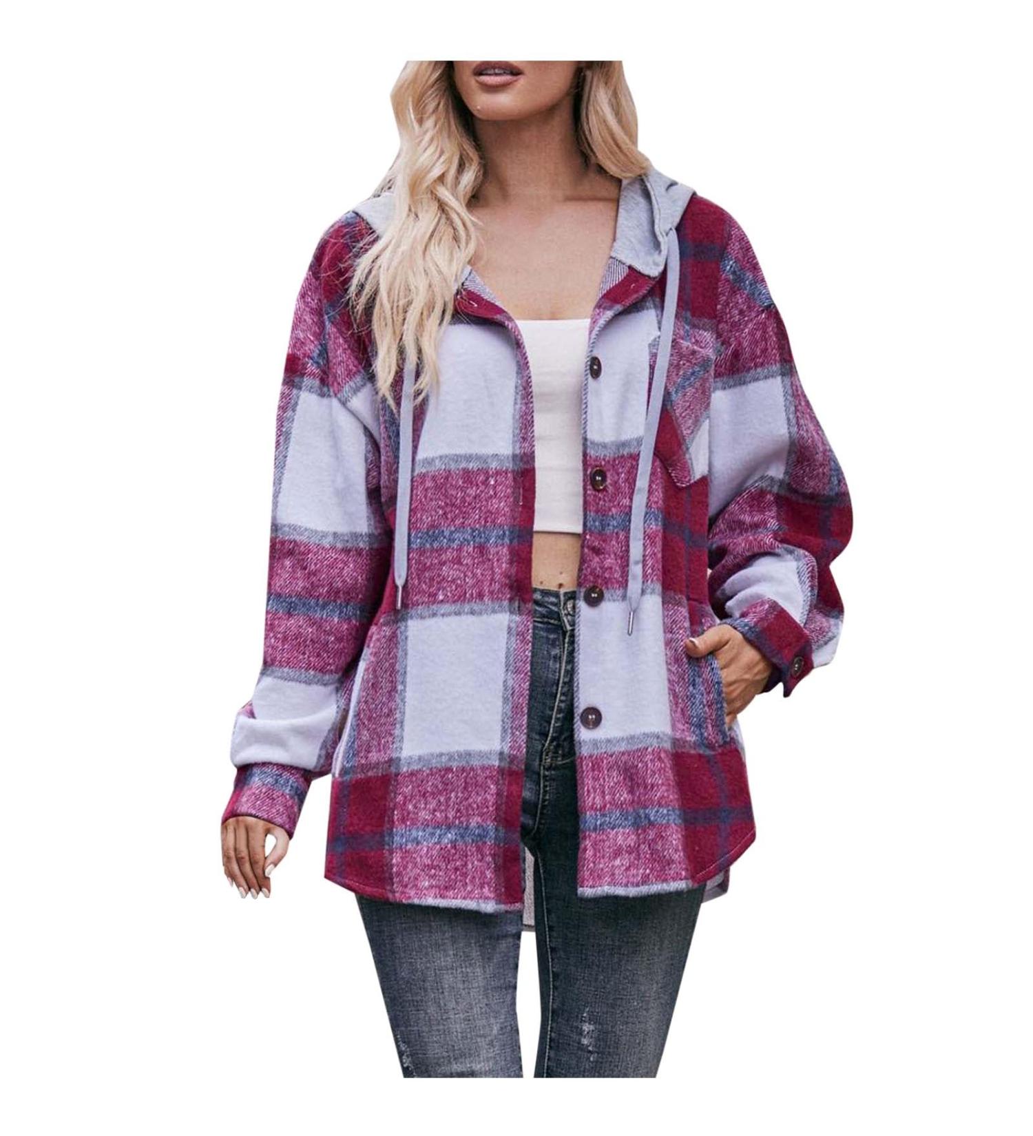 Plaid Hooded Shacket Womens Long Sleeve Plaid Hooded Shirts Flannel Button Down Shacket Drawstring Plaid Jacket Wine#55 Large - Buy Online on GoSupps.com