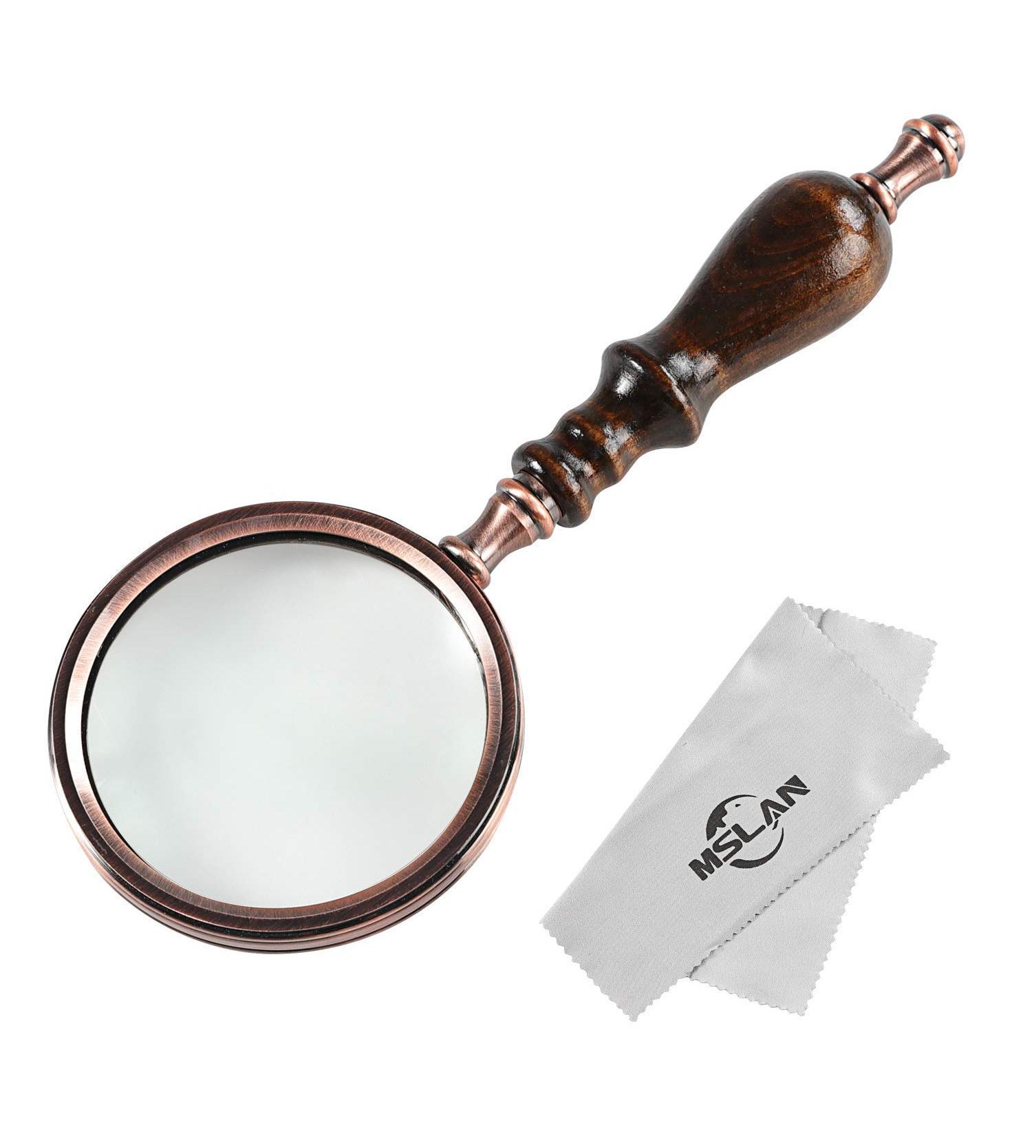 MSLAN 10X Antique Copper Handheld Magnifying Glass with Wooden Handle - Ideal Reading Magnifier for Elderly with Macular Degeneration - Buy Online on GoSupps.com
