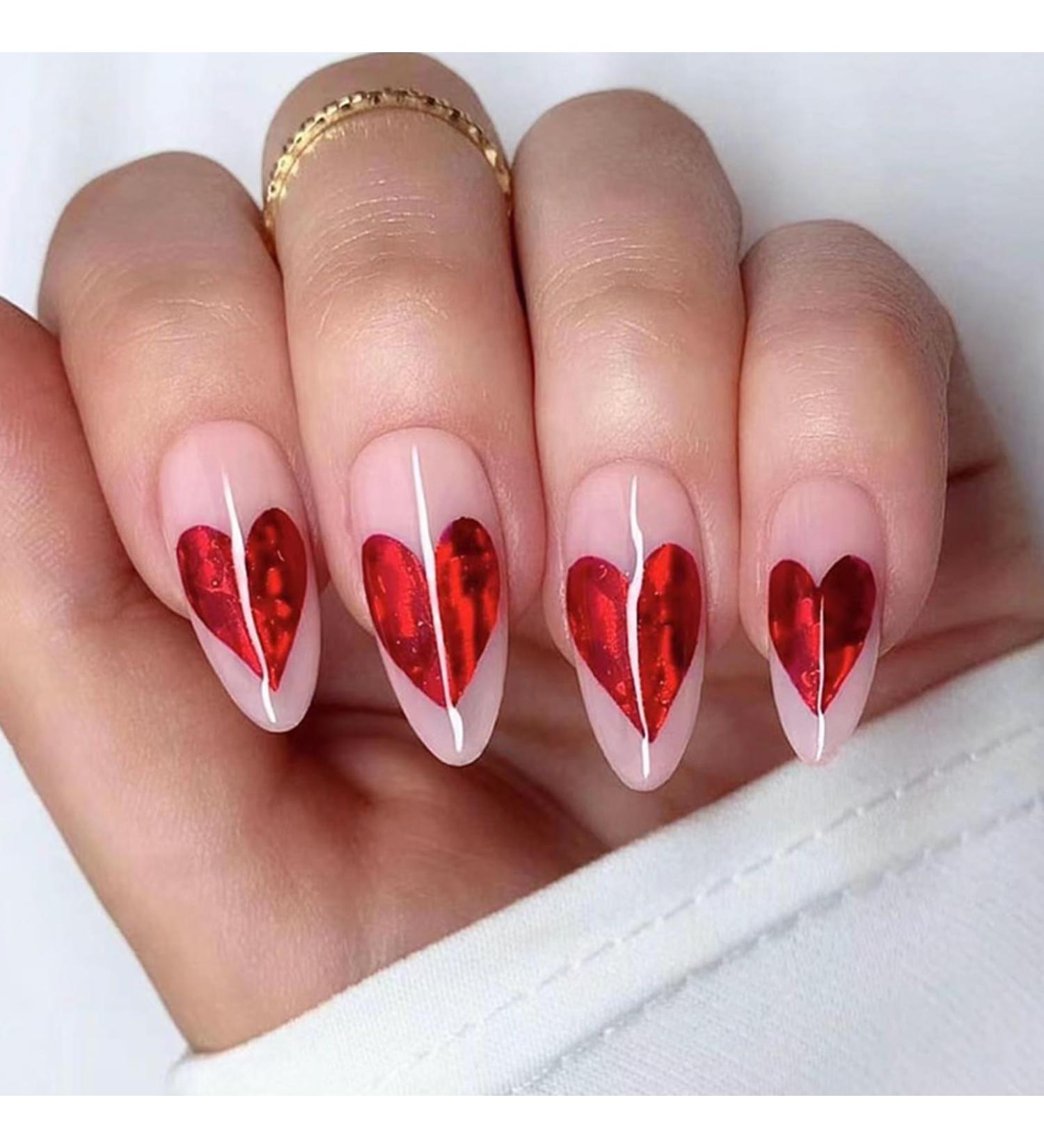 24-Piece Valentine's Day Almond Artificial Nails - Medium Red French Press-On Acrylics | 12 Sizes Oval Love Heart Nails for Women & Girls - Buy Online on GoSupps.com