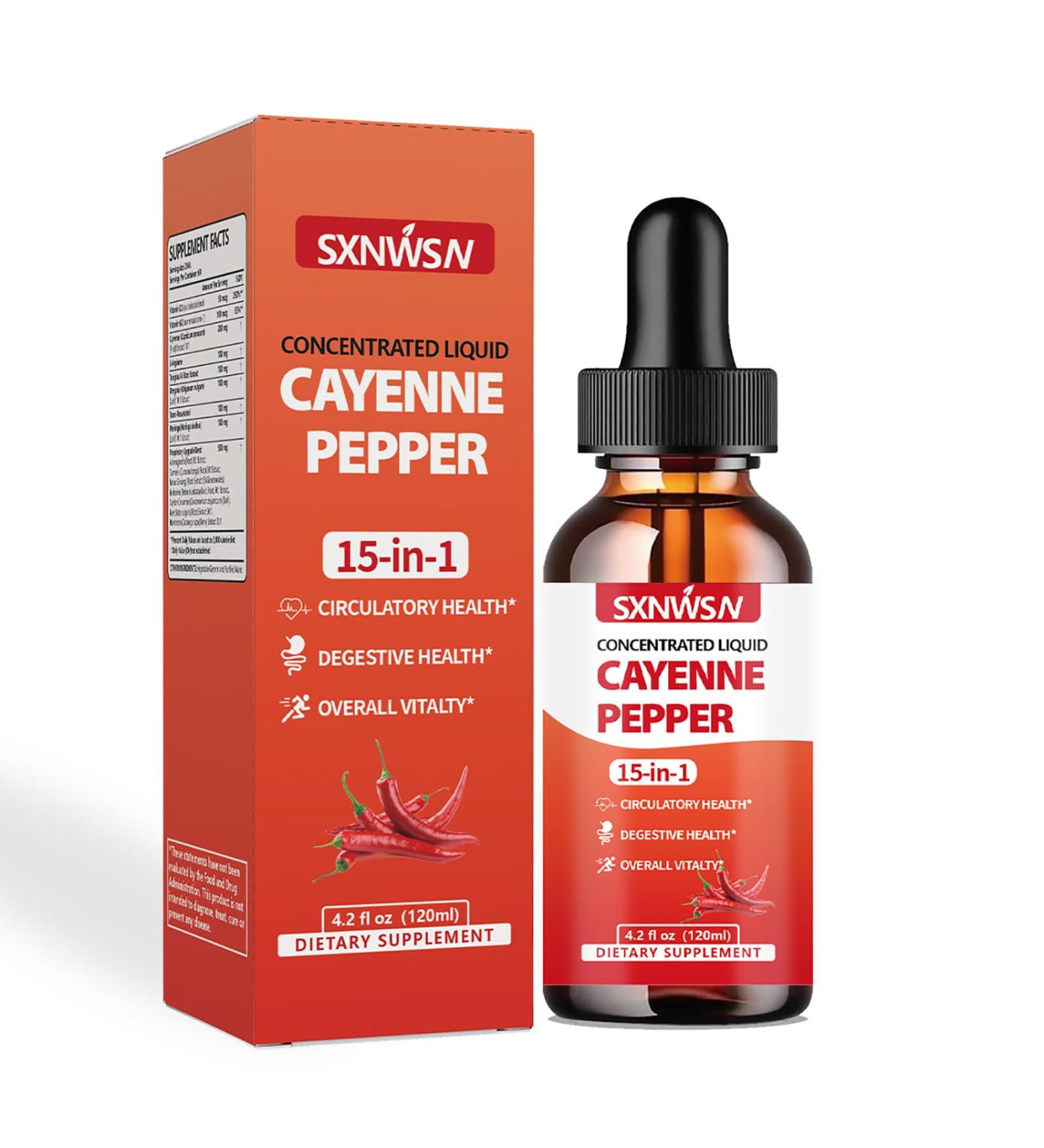 SXNWSN 15-in-1 Cayenne Pepper Liquid Drops - Concentrated Formula with Vitamin D3/K2 & Herbal Extracts | 4.2 fl oz for Circulatory Support & Digestive Support  - Buy Online on GoSupps.com