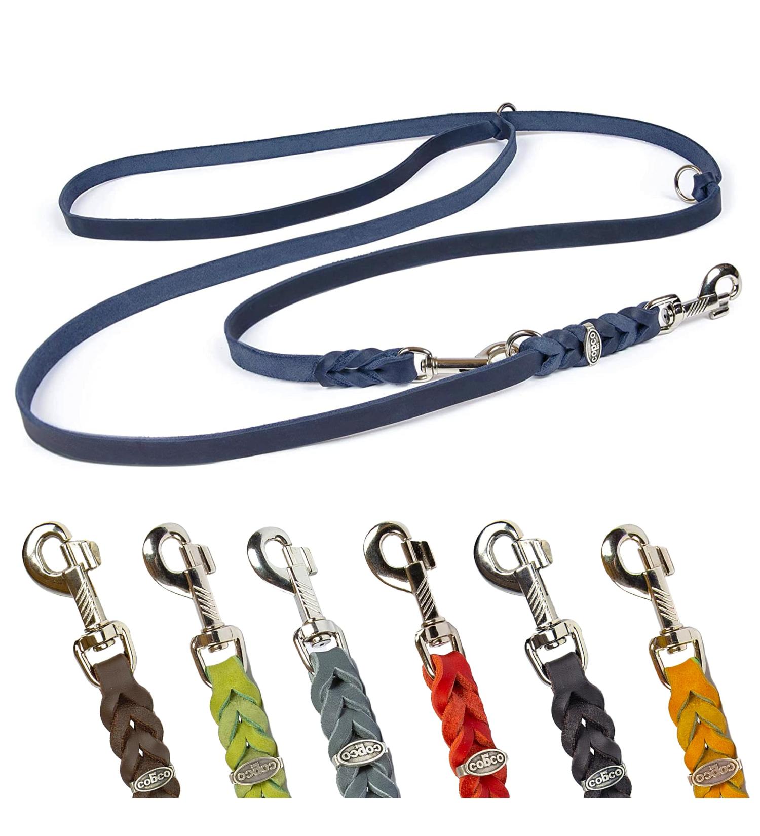 Copcopet 3-Way Adjustable Dog Leash - Handmade Soft Leather Chrome Fittings - 2m x 12mm - Blue - International Shipping Available - Buy Online on GoSupps.com