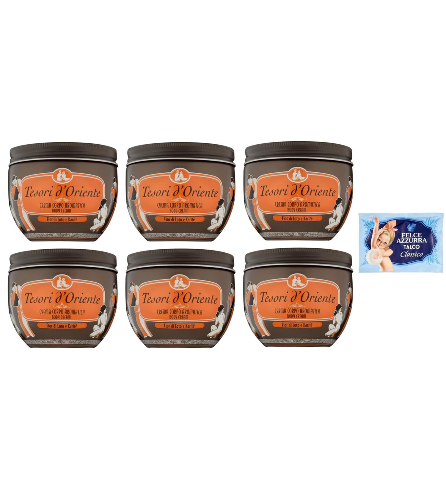 Tesori d'Oriente Crema Corpo Fior di Loto e Shea Body Cream with Lotus Flower and Shea 300 ml + 1 x Felce Azzurra Talcum Powder 100 g Pack of 6 - Buy Online on GoSupps.com