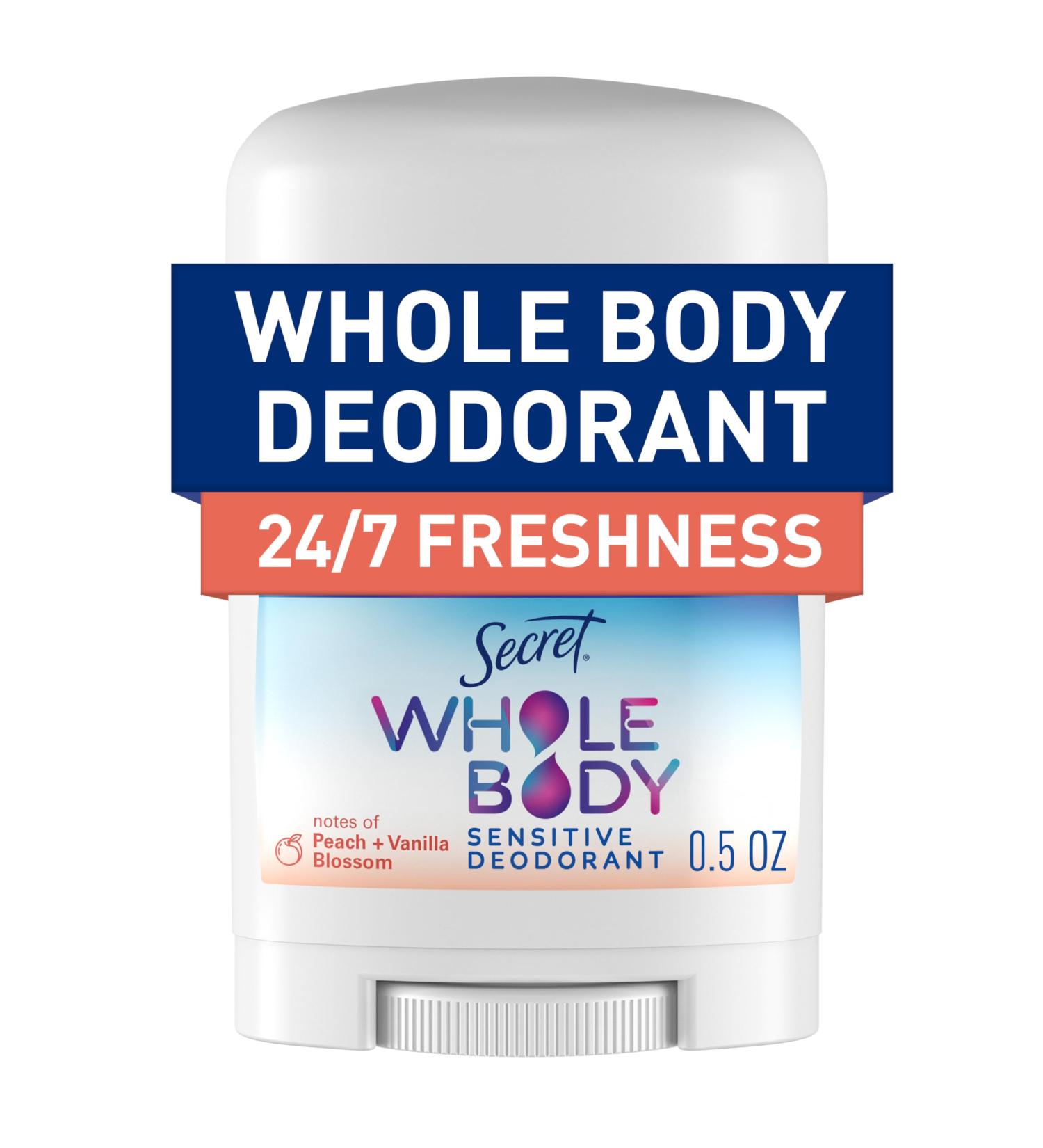 Secret Whole Body Deodorant Stick for Women Travel Size Peach & Vanilla Blossom Scent Aluminum Free Deodorant 72 HR Odor Protection 0.5 oz - Buy Online on GoSupps.com