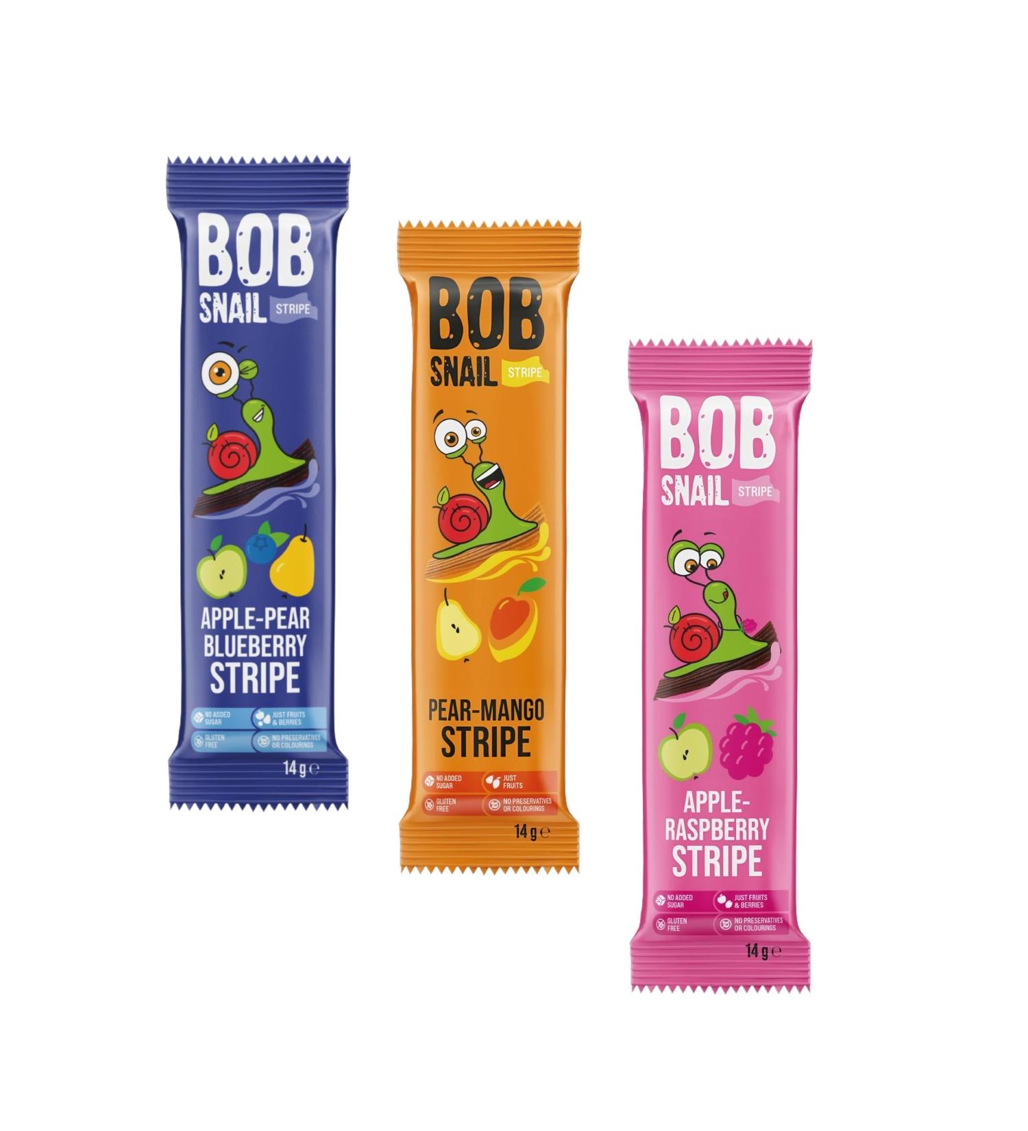 BOB SNAIL Stripe Pick N Mix - Choose From 2+ Flavours | Apple-Raspberry Pear-Mango Apple-Pear-Blueberry - Pack of 30 (10 of each) x 14g - Buy Online on GoSupps.com