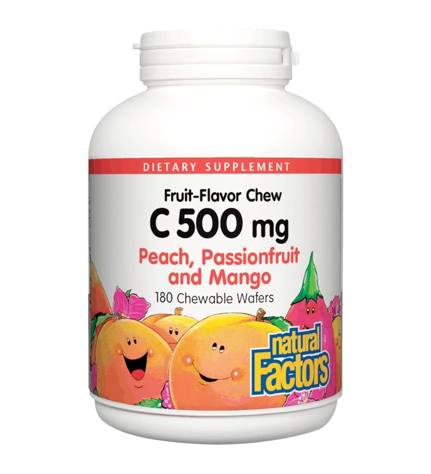 Natural Factors Kids Chewable Vitamin C 500 mg Supports Immune Health Bones Teeth and Gums Peach Passionfruit and Mango 180 Wafers Peach Passionfruit and Mango 180 Count (Pack of 1) - Buy Online on GoSupps.com