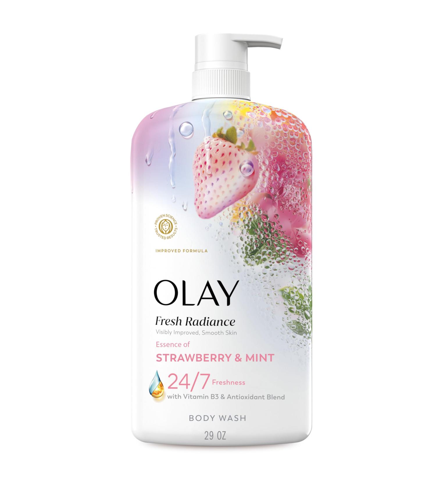Olay Body Wash for Women Fresh Radiance 24/7 Skin-Loving Freshness Visibly Radiant Plant Based Cleansers Vitamin B3 & Antioxidant Blend For All Skin Types Strawberry & Mint Scent 29 fl oz - Buy Online on GoSupps.com