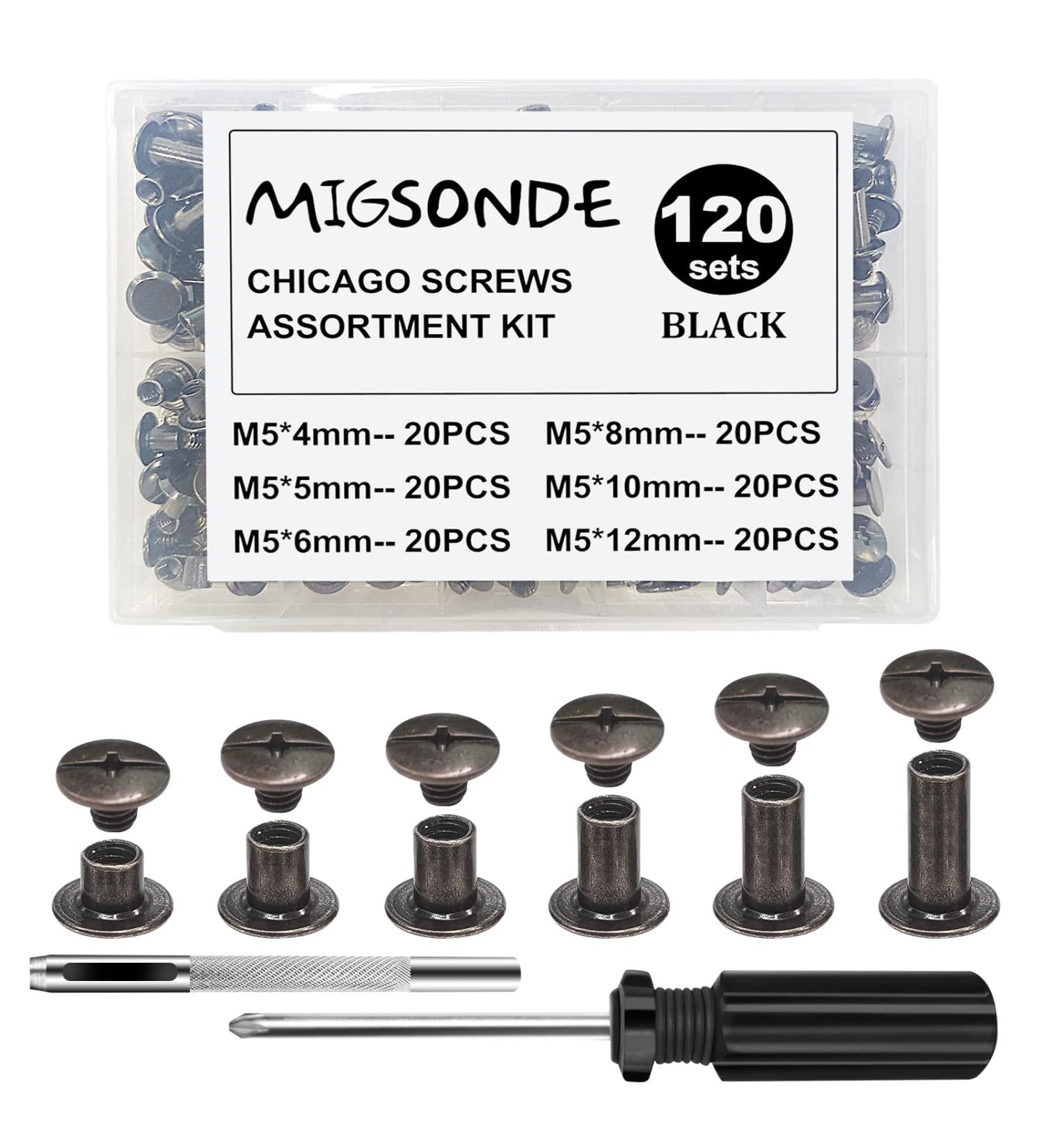 MIGSONDE 120 Sets Chicago Screws Assorted Kit - M5 Binding Screws for DIY Leather Decoration and Book Binding - Round Flat Head Stud Screw Assortment (4/5/6/8/10/12MM X 20 Pcs) Black - Buy Online on GoSupps.com