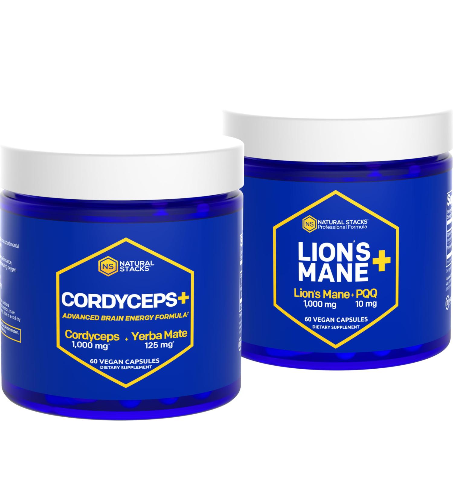 NATURAL STACKS CORDYCEPS + Lions Mane Mushroom Supplement Bundle - Supports Brain Energy and Memory* - 120 Mushroom Capsules - Buy Online on GoSupps.com