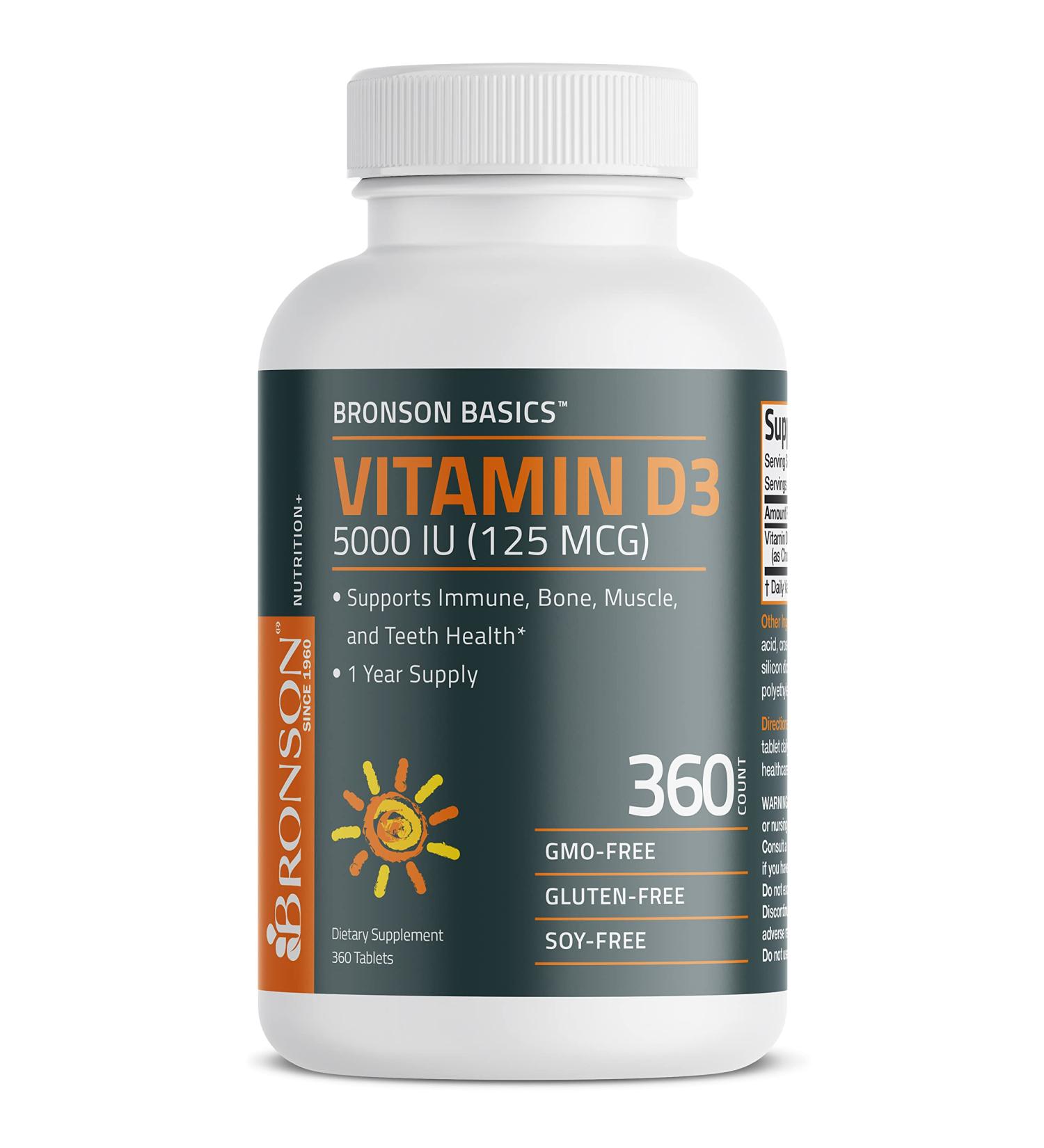 Bronson Vitamin D3 5000 IU 1 Year Supply - Muscle & Immune Support - Non-GMO 360 Tablets - Buy Online on GoSupps.com