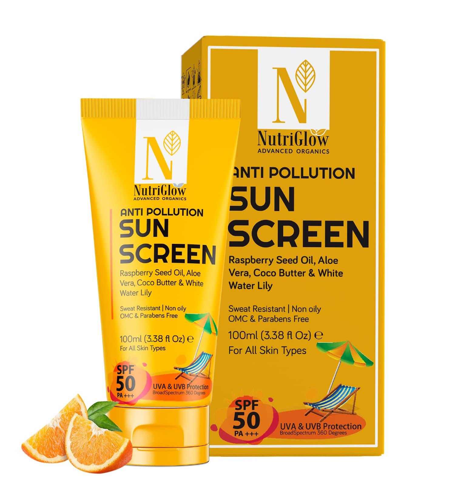 Nutriglow Advanced Organics Advanced Organics Anti Pollution Sunscreen with Alovera Coco Butter White Water Lily Raspberry Seed Oil/All Skin Types/Uva & Uvb Protection 100 Ml - Buy Online on GoSupps.com
