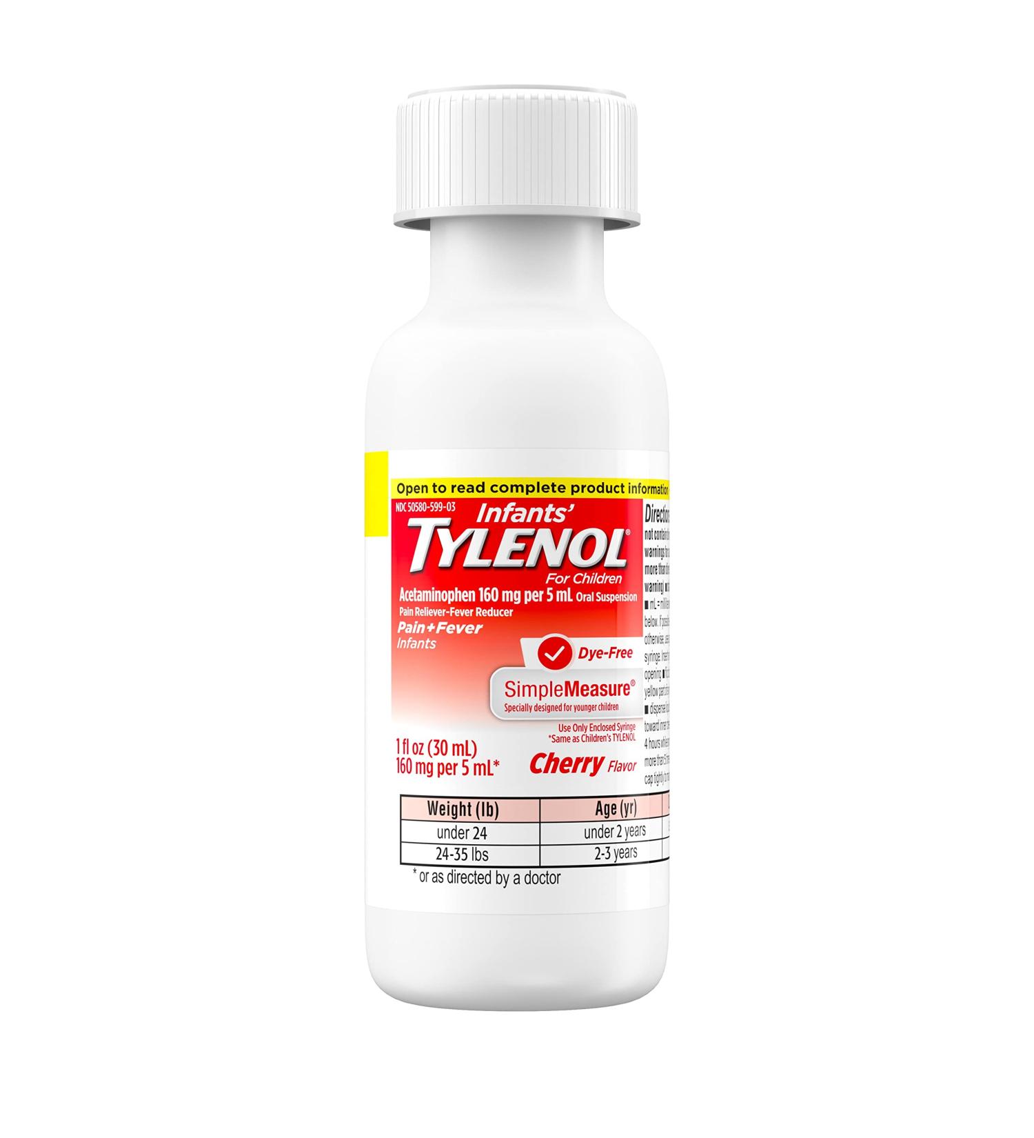 Infants' Tylenol Acetaminophen Pain & Fever Relief, Dye-Free Cherry - 1 fl. oz - Buy Online on GoSupps.com