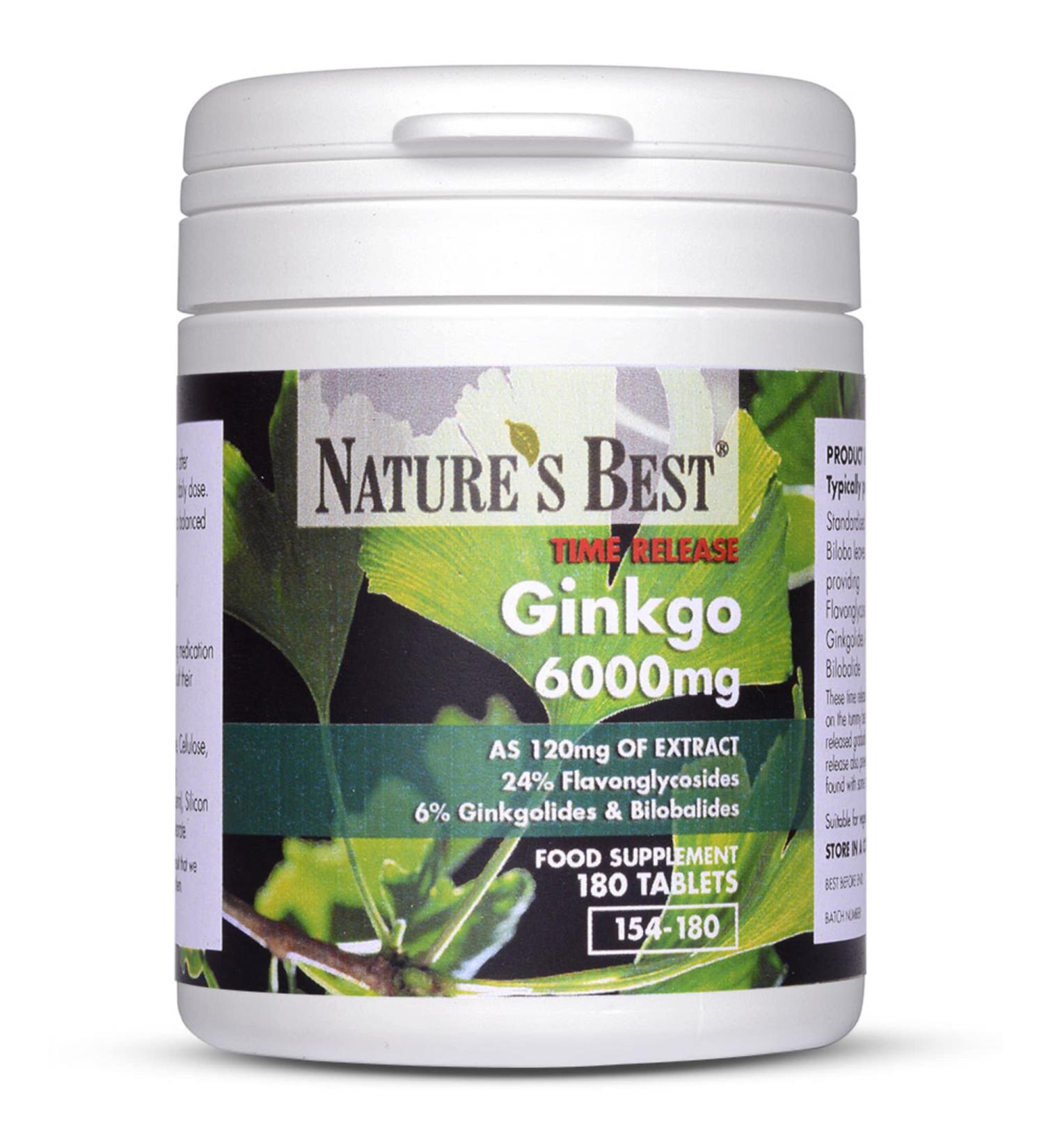 Ginkgo Biloba 6000mg High Strength Vegan Tablets | 180 One-A-Day Time Release Formula | UK Made Pure Grade Extract - Buy Online on GoSupps.com
