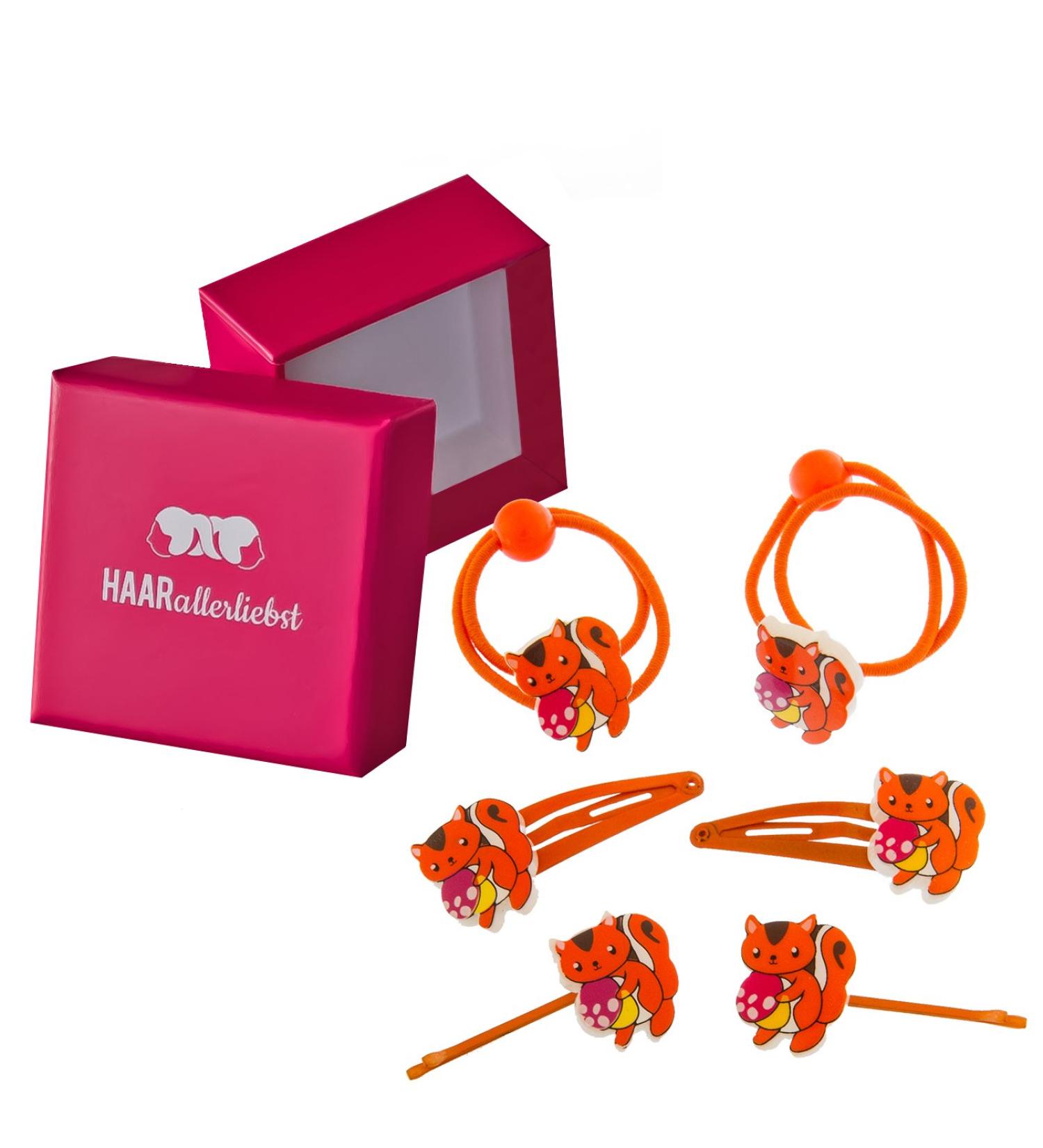 HAARallerliebst 6 hair clips hair ties hair clips with orange squirrels for children in pink box