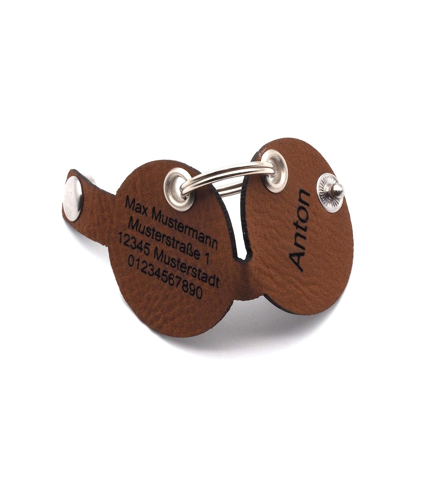 Customizable Brown Dog Pocket with Push Button Engraving - Round Pear Design | Synthetic Leather | Double-Sided Engraving | 30mm Diameter | Perfect for Pet Lovers - Buy Online on GoSupps.com