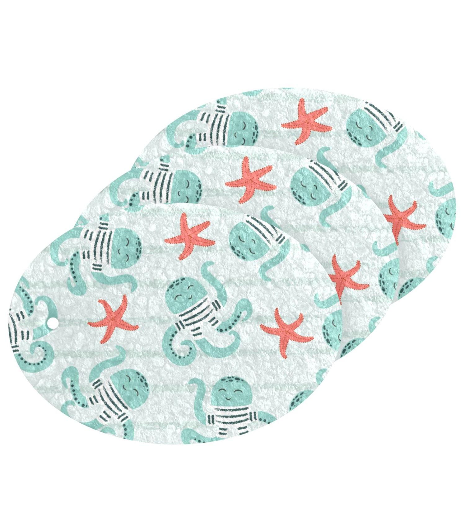 3-Pack Cleaning Kitchen Sponges Oval Octopus Star Green Kitchen Cellulose Dishwashing Wood Pulp Cotton - Buy Online on GoSupps.com