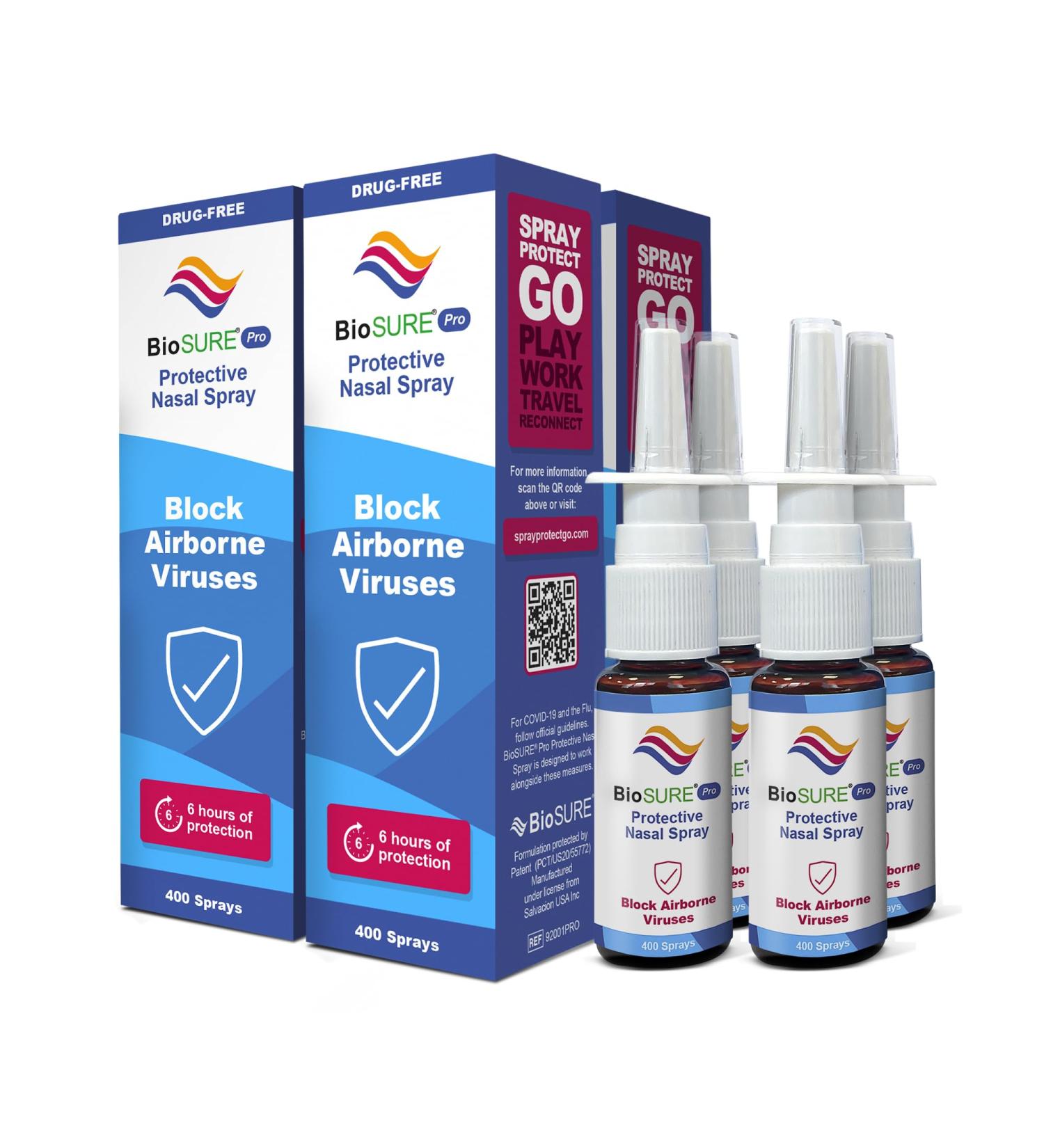 BioSURE PRO Antibacterial & Antiviral Nasal Spray Family Pack (4) | Clinically Proven Long Lasting & Fast Acting | Natural Drug Free Barrier Blocks Colds & Flu Before They Start - Buy Online on GoSupps.com