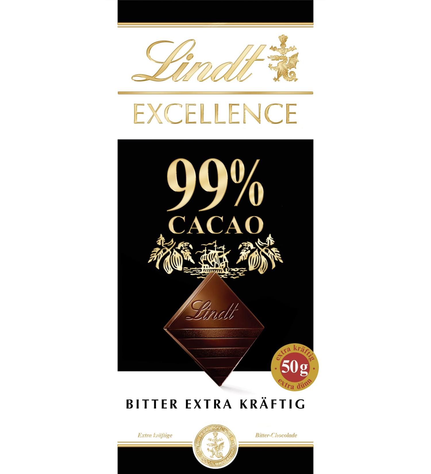 Lindt Excellence 99% Cocoa - Extra Strong Dark Chocolate | 50g Vegan Bitter Chocolate Gift | Intensive Cocoa Taste 2023 - Buy Online on GoSupps.com