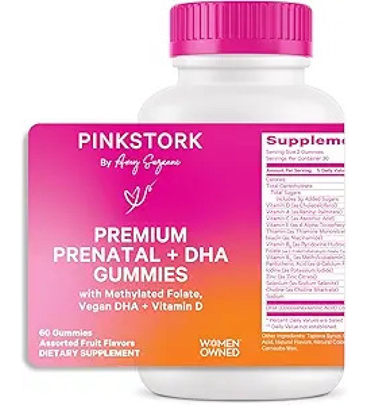 Pink Stork Premium Prenatal Gummy Vitamins with DHA, Folate, and Vitamin D - Multivitamin and Nutrient Blend for Neural Tube and Fetal Brain Development - Pregnancy Must Haves - 60 Vegan Gummies - Buy Online on GoSupps.com