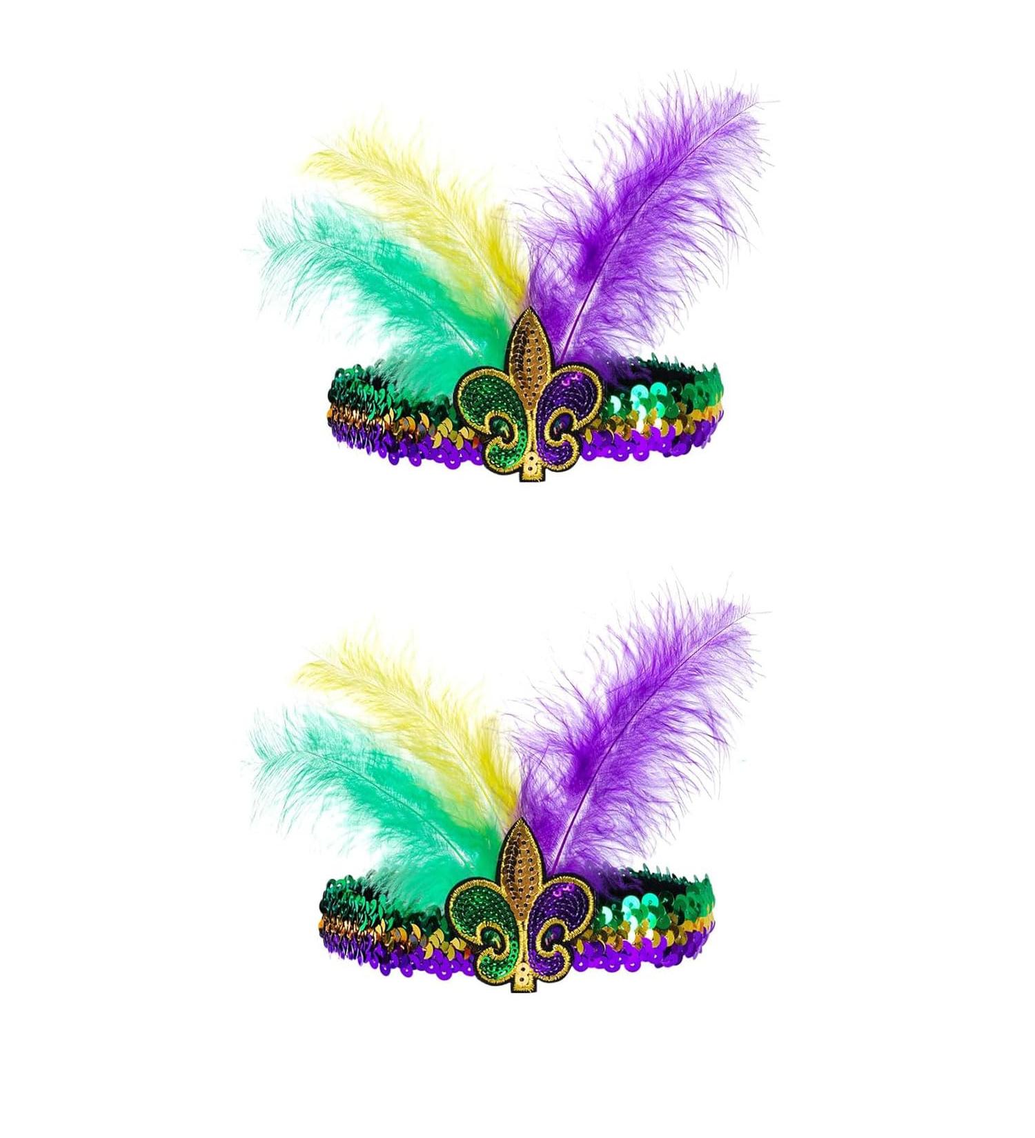 MEISH Mardi Gras Headband Sequin Faux Feather Fascinators Headpieces Masquerade Mask Party Fleur De Lis Hair Band for Women Girls(2) - Buy Online on GoSupps.com