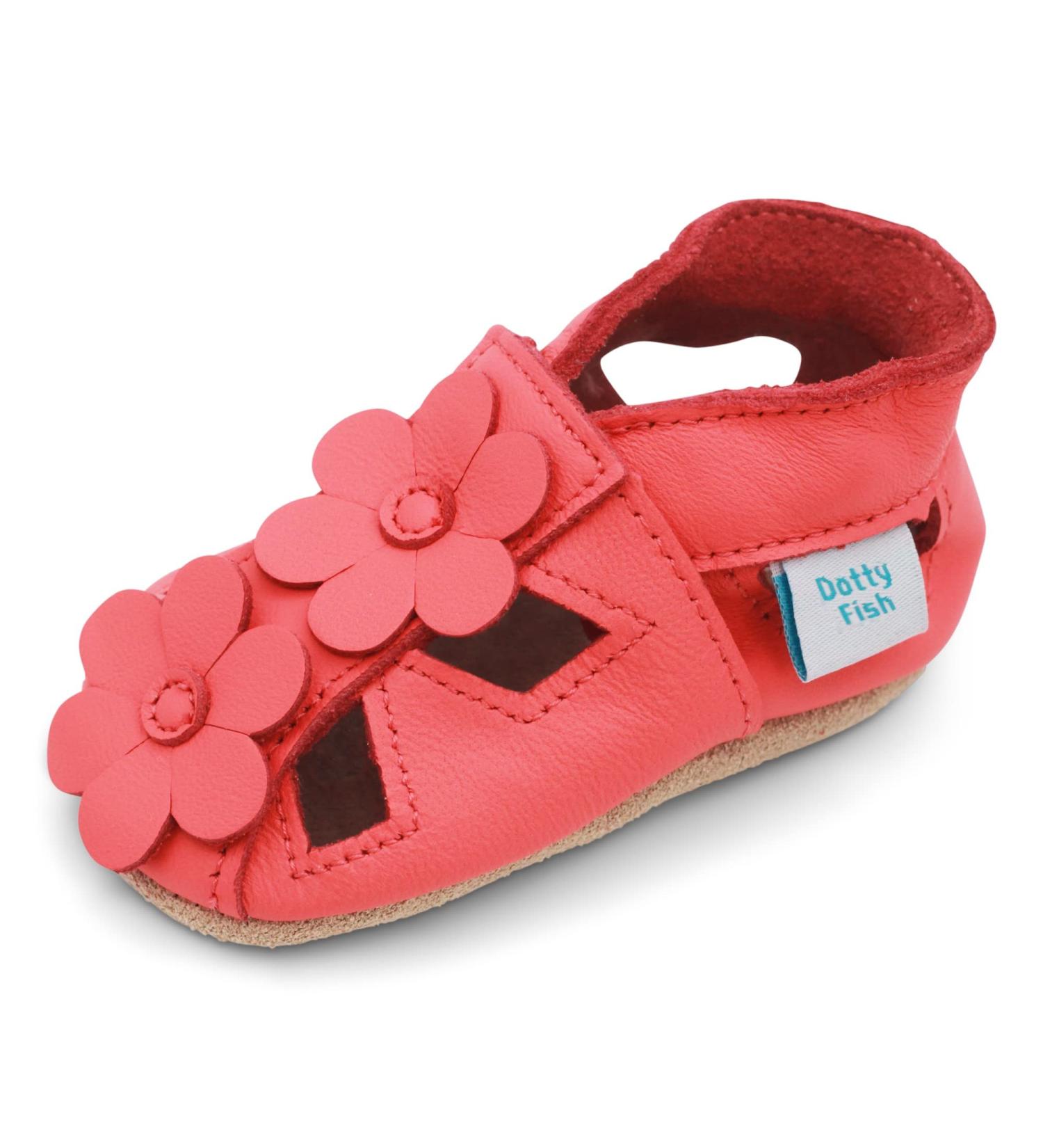 Dotty Fish Soft Leather Baby Shoes | Toddler Sandals | Non-slip Suede Soles | 0-6 Months to 3-4 Years | Coral Flowers - Buy Online on GoSupps.com