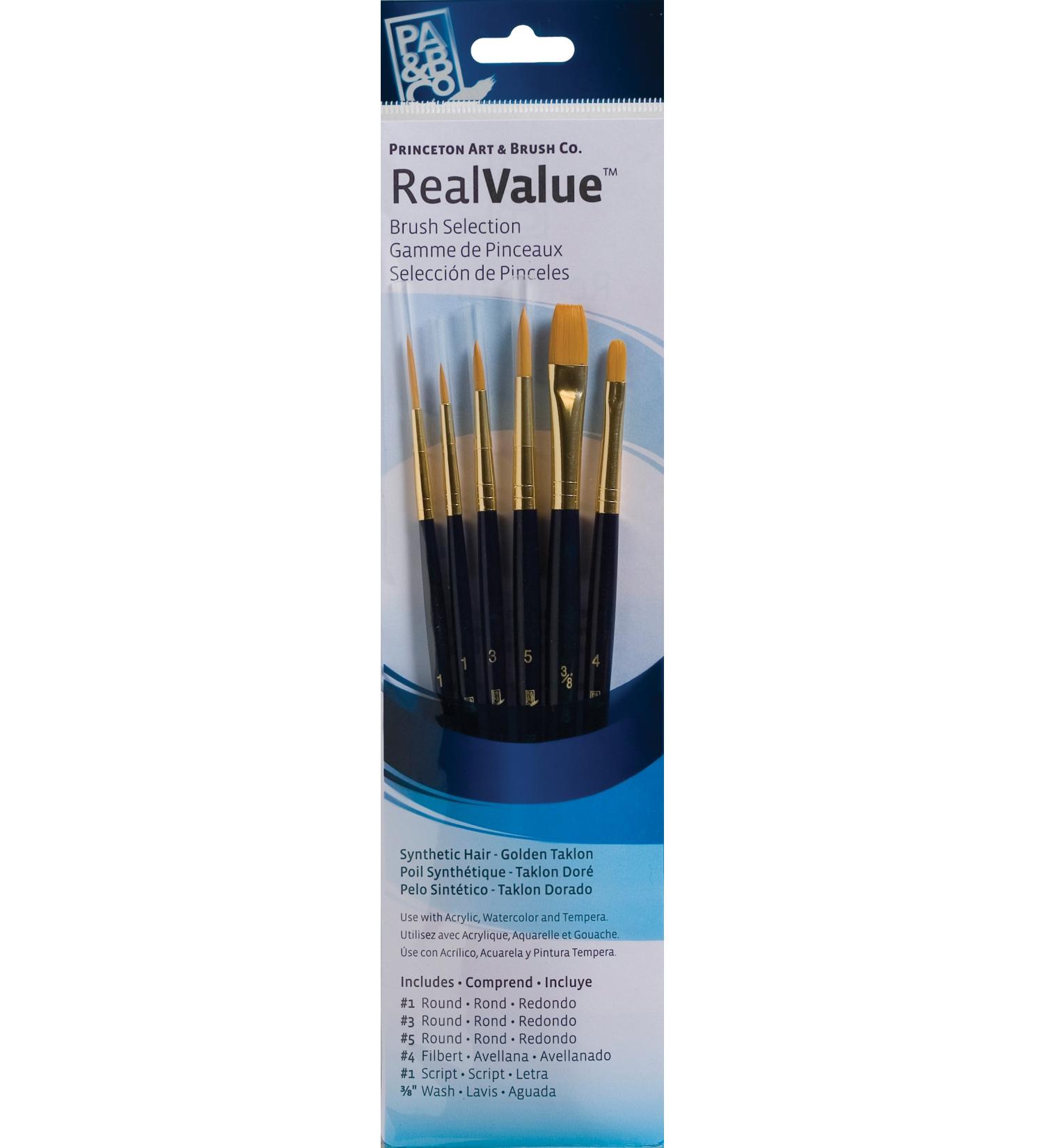 Princeton Real Value, Series 9100, Paint Brush Sets for Acrylic, Oil & Watercolor Painting, Syn-Gold Taklon (Rnd 1, 3, 5, Flb 4 Script, 1, Wash 3/8) Set-9132