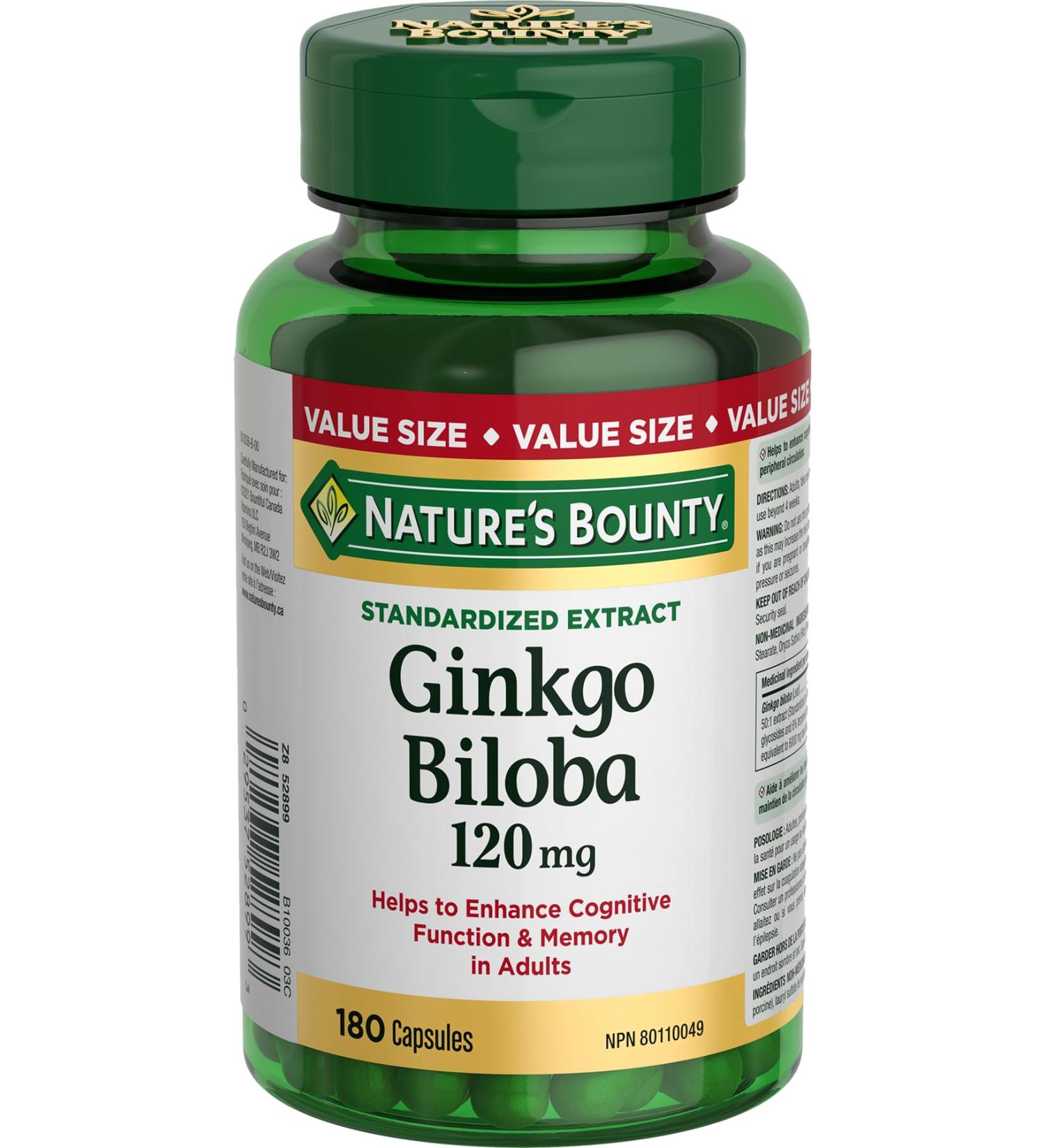 Nature's Bounty Ginkgo Biloba Pills and Herbal Health Supplement Helps Enhance Cognitive Function and Memory 120mg 180 Capsules 180 count (Pack of 1) - Buy Online on GoSupps.com