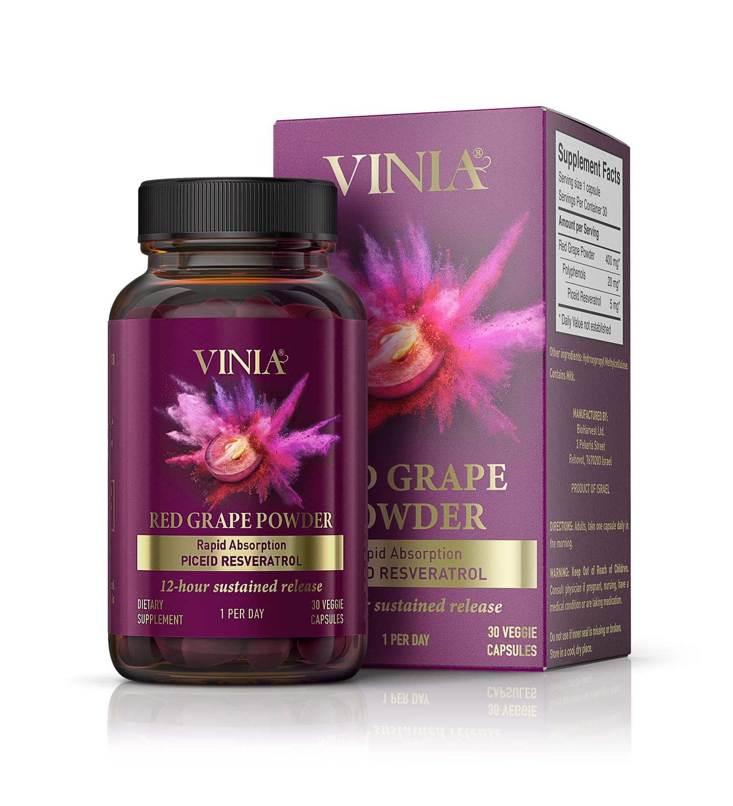 VINIA by BioHarvest Sciences: Sustainably Produced 12-Hour Sustained Release Piceid Resveratrol from Red Grapes Powder - Buy Online on GoSupps.com