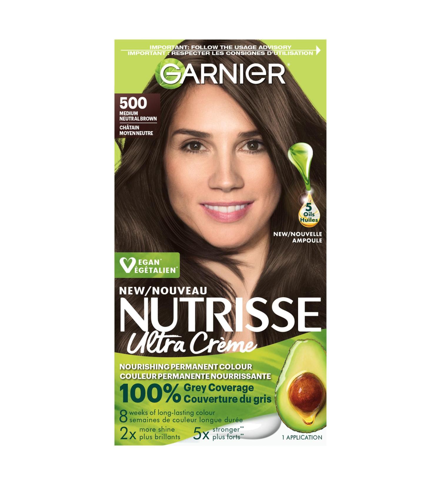 Garnier Nutrisse Ultra Cr me Permanent Hair Dye 100% Grey Coverage Vegan Formula Nourished Hair Long-Lasting Rich Colour 500 Medium Neutral Brown 1 Application Packaging May Vary BROWN SHADES 500 Medium Neutral Brown - Buy Online on GoSupps.com
