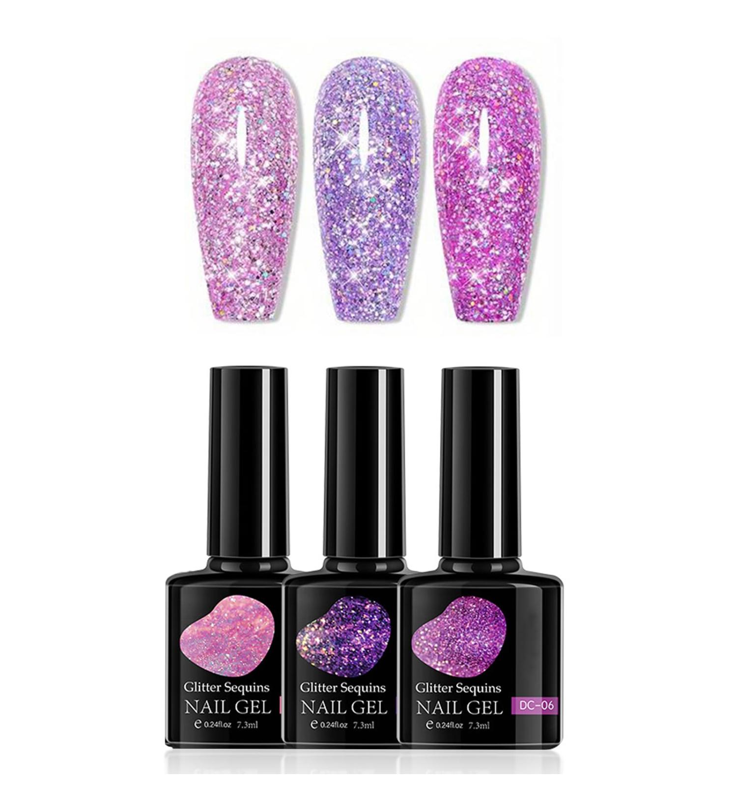 Gel Nail Polish Set Glitter Gel Nail Varnish with Sequins 3 Colors Sparkly Shiny Summer Nail Polish Pink & Purple Soak Off UV/LED Nail Gel Kit for Sparkly Diamond Nail Art DIY - Buy Online on GoSupps.com