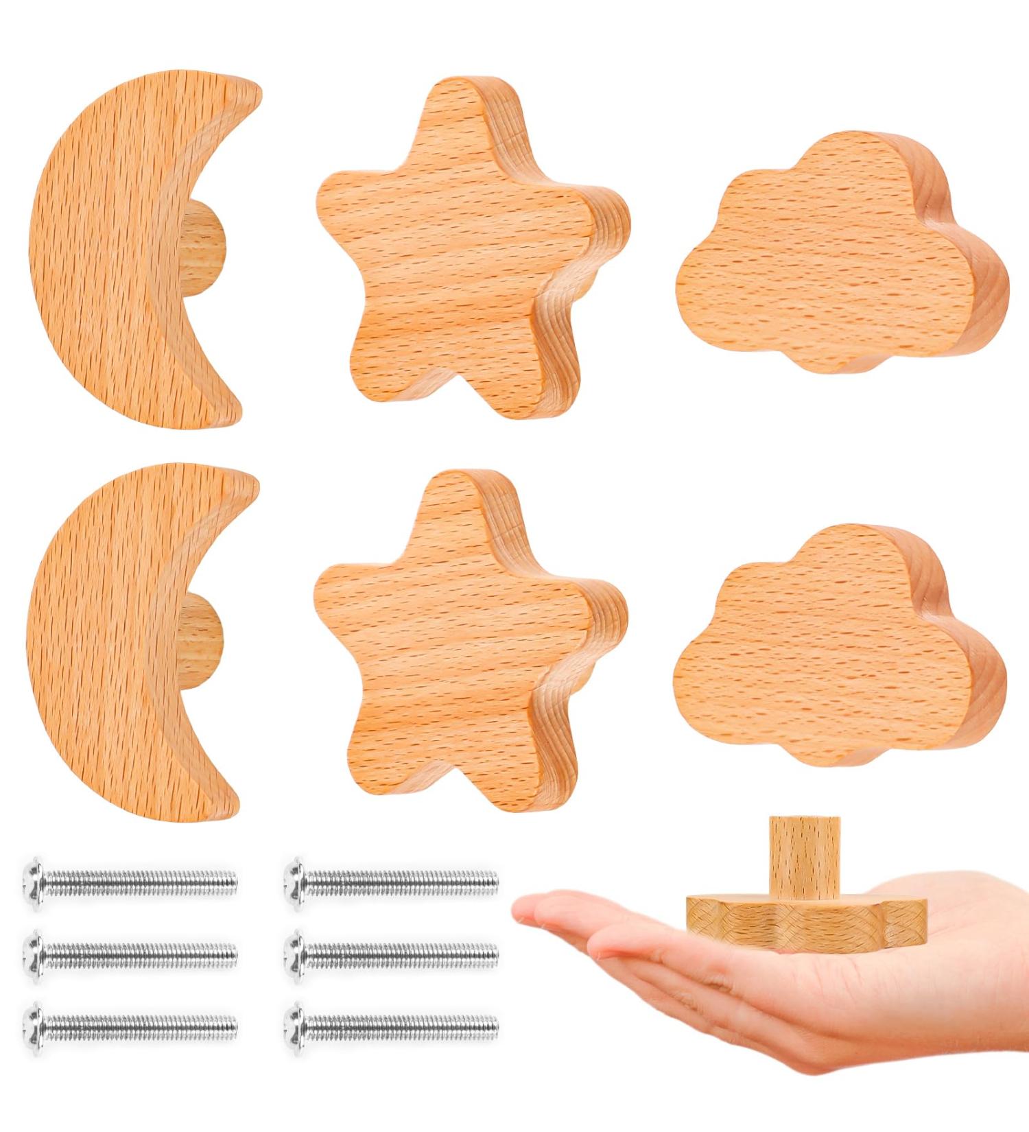 Akone Cabinet Buttons Set - 6 Wooden Star Moon & Cloud Knobs for Children's Furniture | Natural Decorative Drawer & Cupboard Hardware - Buy Online on GoSupps.com