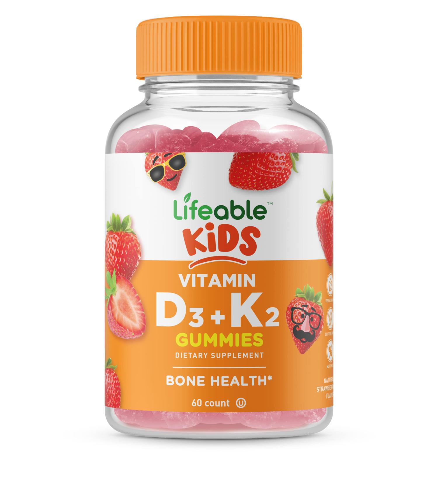 Lifeable Vitamin D3 + K2 Gummy Supplement for Kids - Gluten Free & Vegetarian - Strong Bones Support - 60 Gummies - Buy Online on GoSupps.com