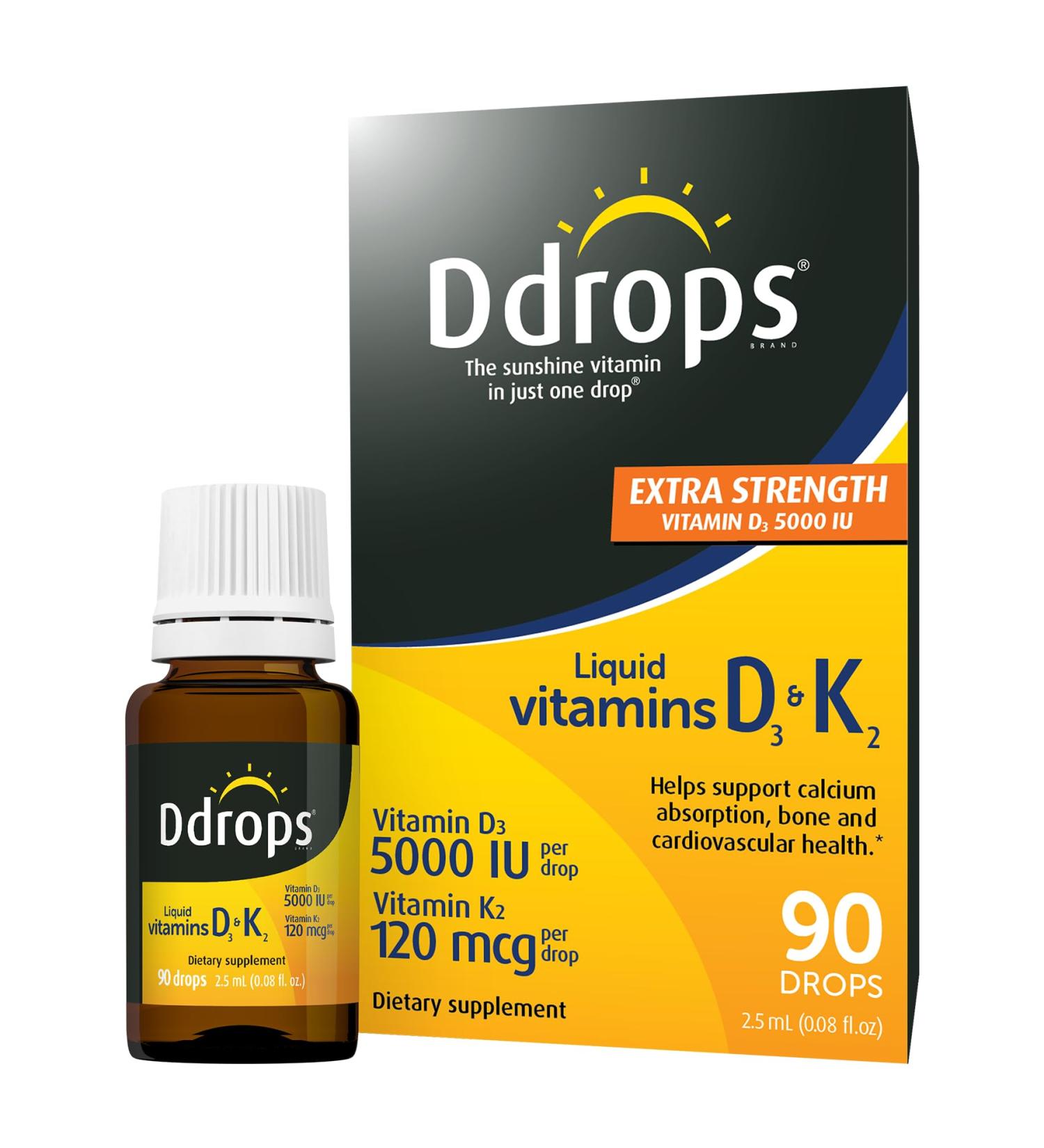 Ddrops Extra Strength 5000 IU Vitamin D3 + K2 90 Drops - Liquid Vitamin D3 & K2 (MK7) Supplement. Supporting Strong Bones Immune System and Cardiovascular Health. 0.06 Fl Oz (Pack of 1) - Buy Online on GoSupps.com