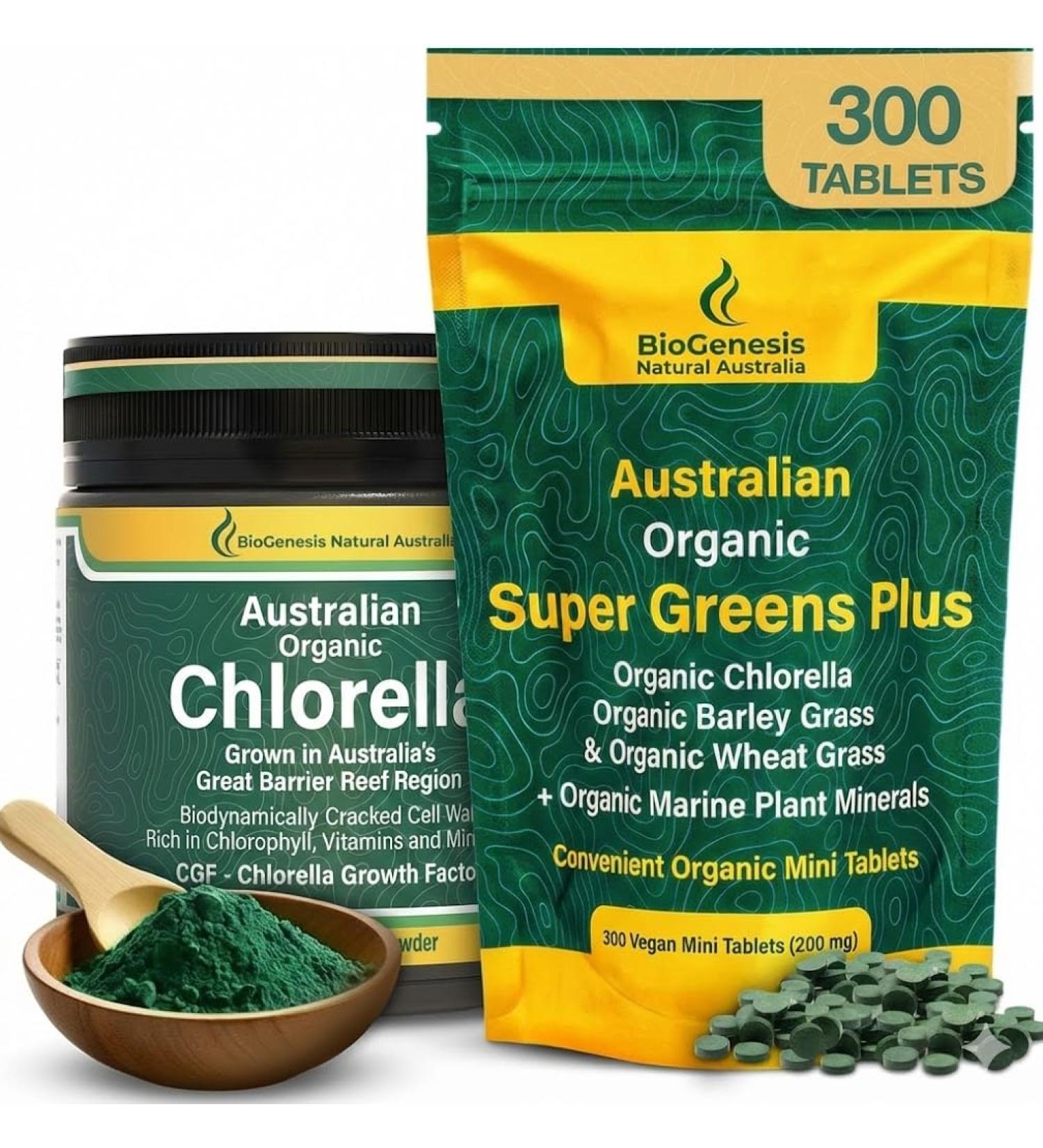 Biogenesis Full-Spectrum Nutrition Kit: Organic Chlorella Powder (200g) & SuperGreens Mini Tablets (300 ct) | Australian Grown Wheatgrass & Barley Grass Blend | Vegan Immune Support & Daily Energy - Buy Online on GoSupps.com