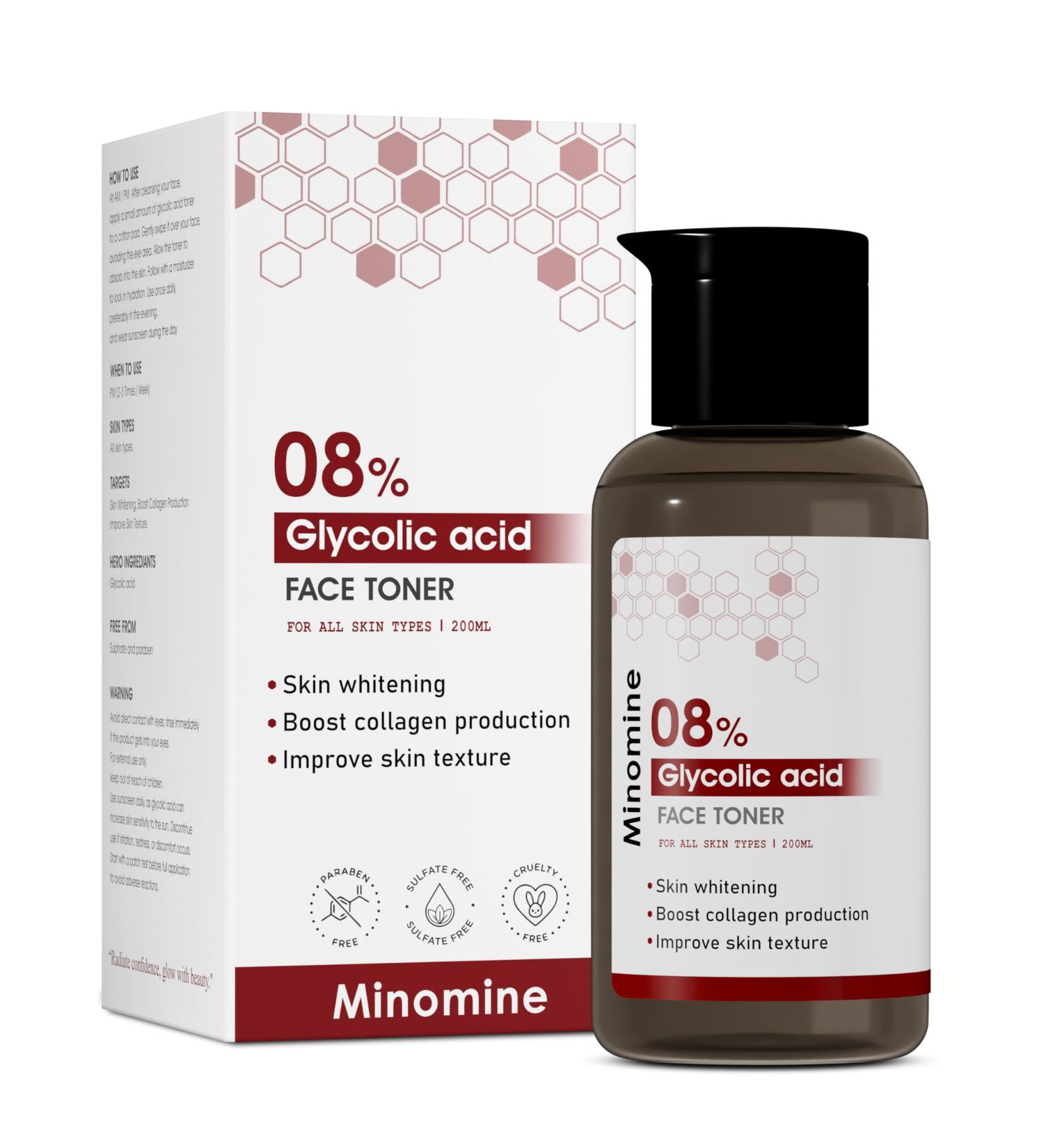 Minomine 8% Glycolic Acid Toner | Skin Whitening Boost Collagen Production Improve Skin Texture | Face Underarms Body & Scalp | for Unisex 6.76 Fl.oz - Buy Online on GoSupps.com