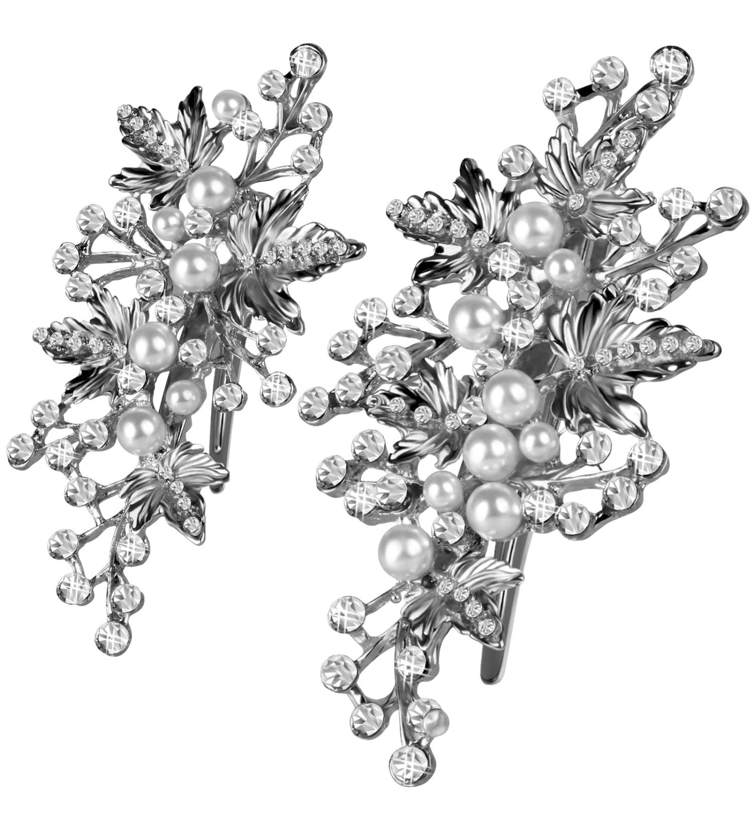 Silver Rhinestone Bridal Hair Clips Set - Wedding Hair Accessories for Women - Leaf Flower Pearl Barrettes - 2 Pack - Buy Online on GoSupps.com