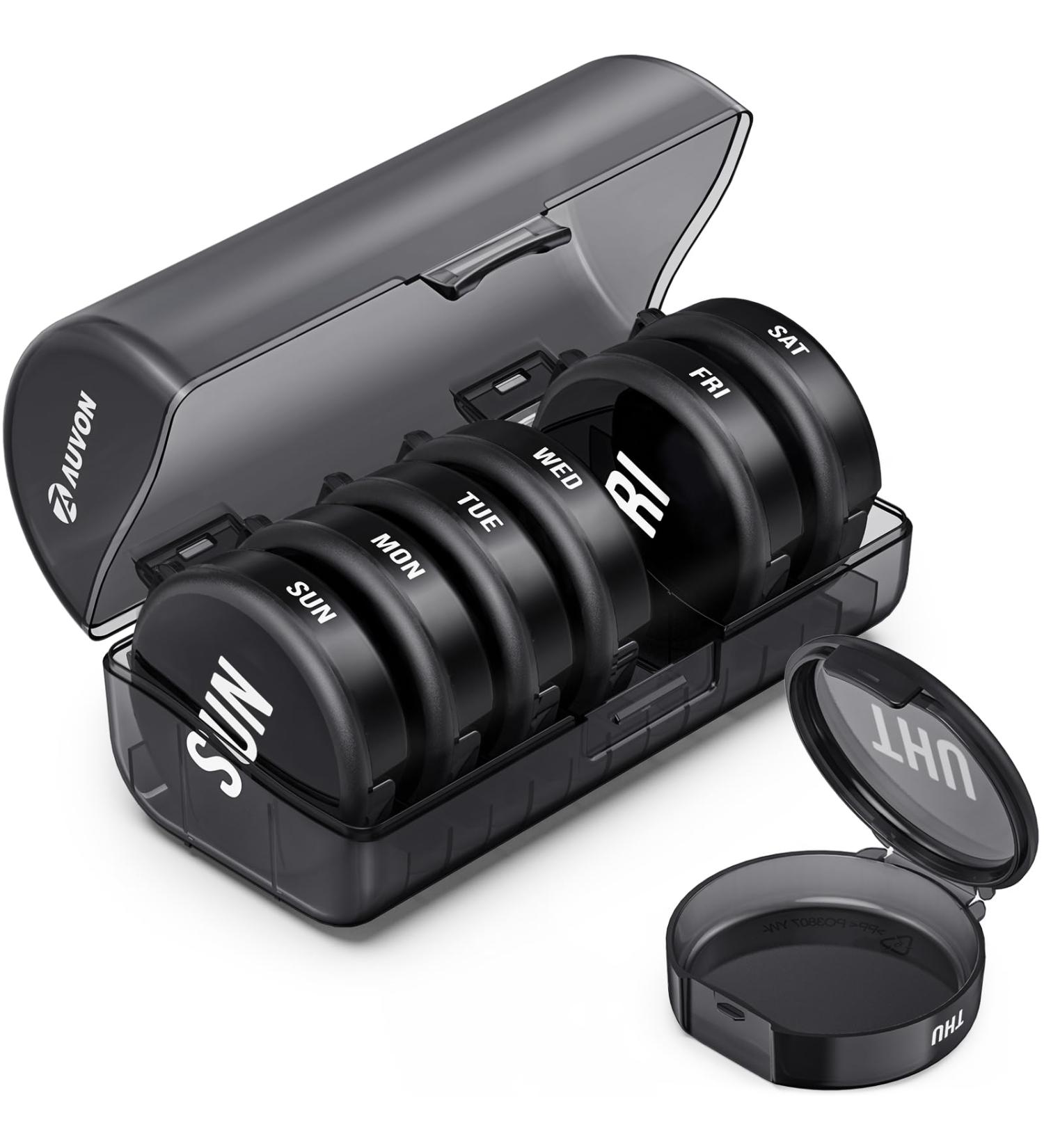 AUVON Black Weekly Pill Organizer for Large Pills | 7-Day Pill Box with Dual Protection | Travel-Friendly Small Pill Case for Medications Vitamins & Fish Oils - Buy Online on GoSupps.com