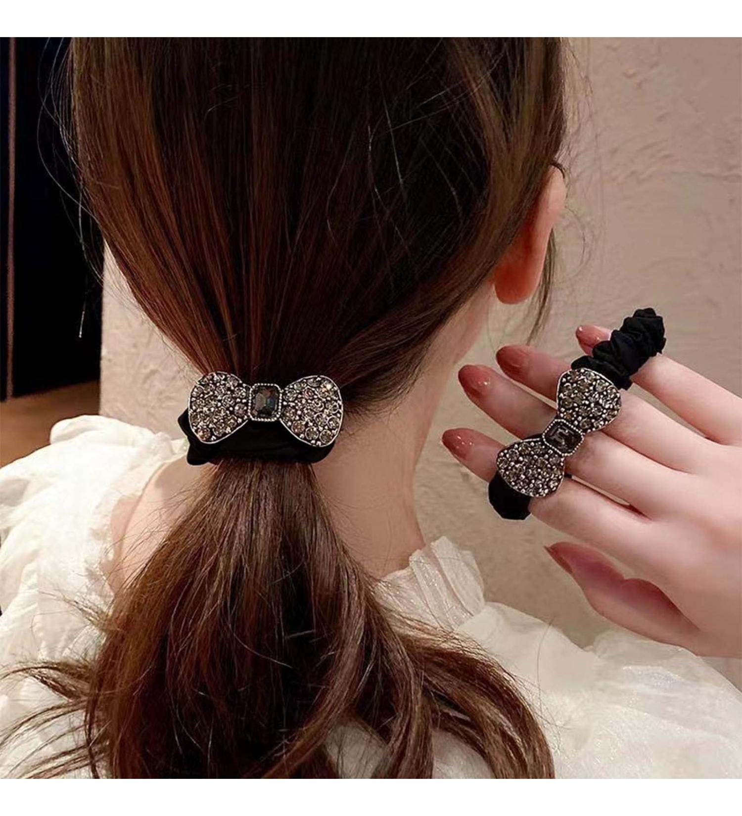 Wendalern Boho Rhinestone Ponytail Holder Bowknot Ponytail Hair Tie Geometric Elastic Scrunchies Black Crystal Hair Ropes Decorative Hair Accessories for Women and Girls - Buy Online on GoSupps.com