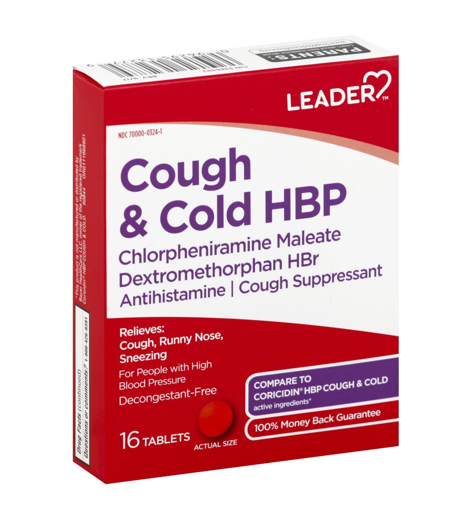 Leader Cough and Cold HBP Medicine Decongestant-Free Antihistamine Cough Suppressant - Relieves Cough Runny Nose Sneezing and Cold Symptoms for People with High Blood Pressure 16 Tablets 1 Pack - Buy Online on GoSupps.com