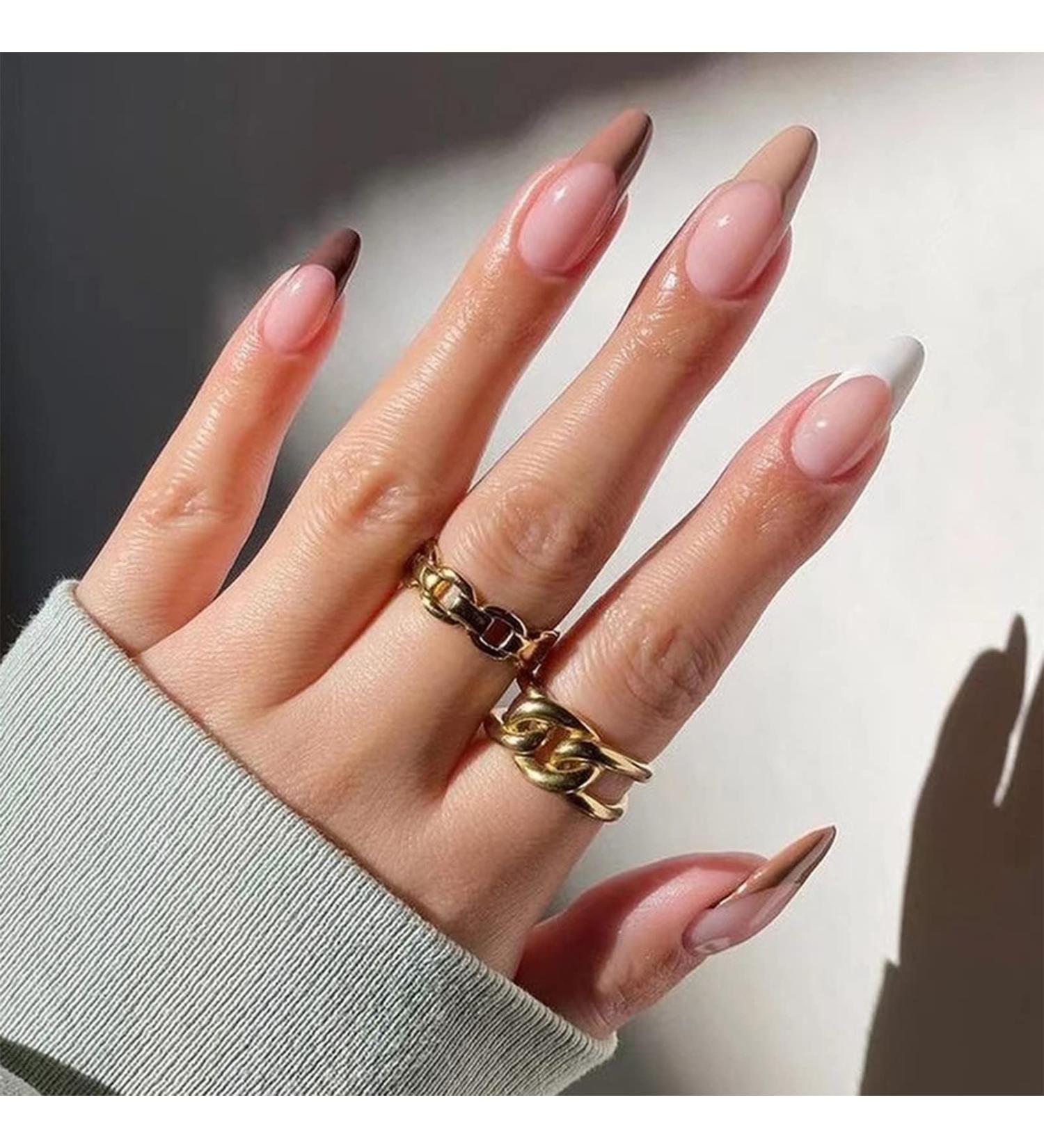 Almond Acrylic French False Nails - 24pcs Medium Length Stick On Nails in Elegant Nude Pink - Brown Edge Press on Nails with Glue for Women - Buy Online on GoSupps.com