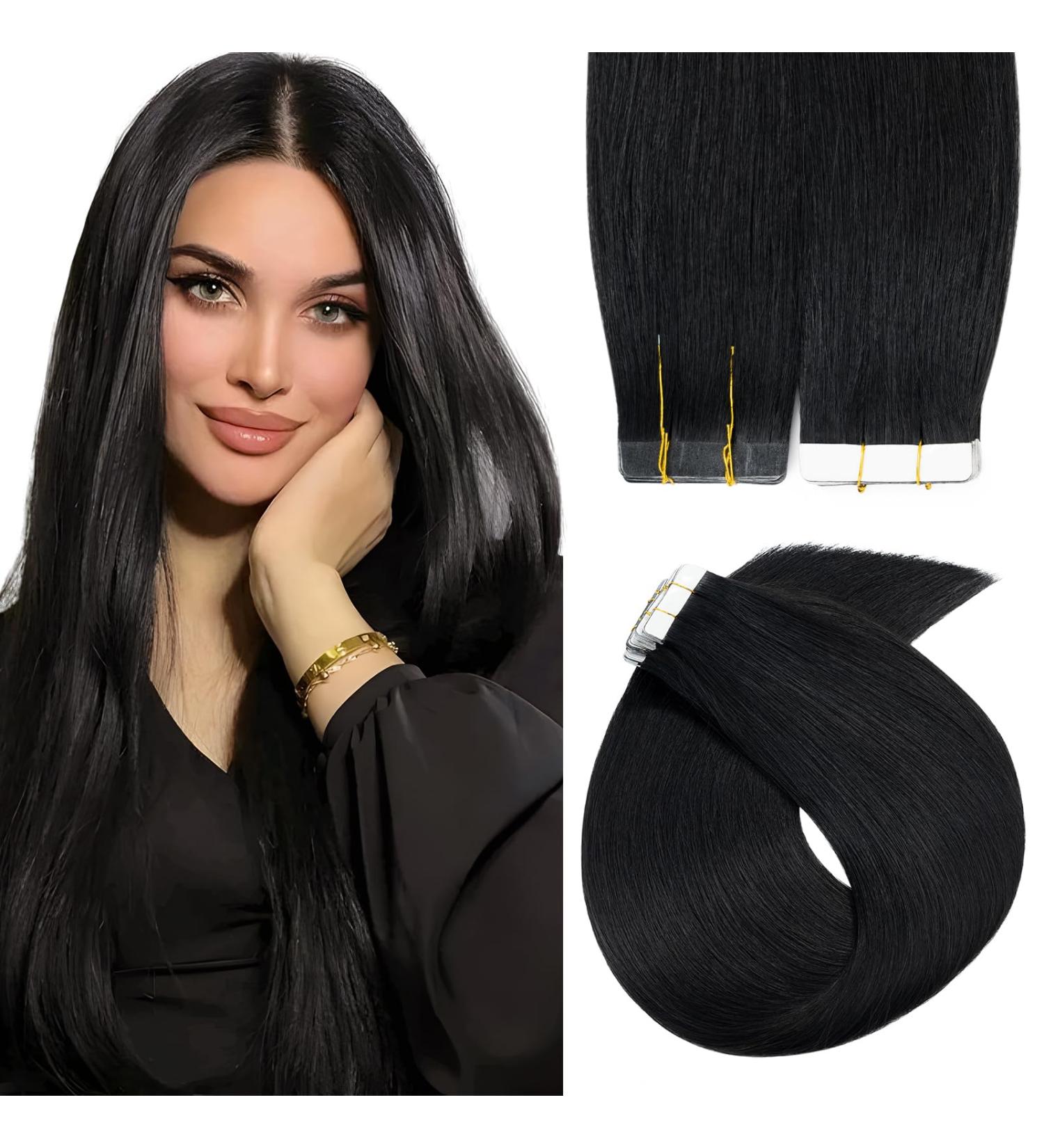 Elailite Real Hair Extensions Tape In #1 Black - 20 Pieces Invisible Glue 40cm 30g Real Human Hair - Buy Online on GoSupps.com