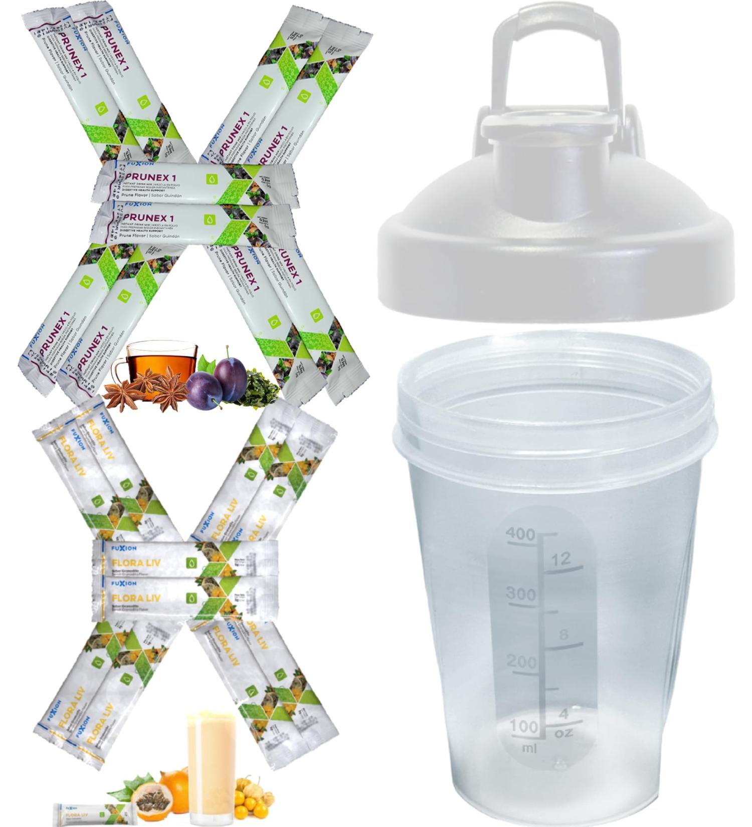 10-Day Trial Pack for Colon Cleanse & Defense - Drink Prunex 1 Before Sleep Drink Flora Liv After Breakfast 5000mg per Stick of Each Plus Small Ergonomic Clear Shaker 12oz w. Mixer Ball & White Lid - Buy Online on GoSupps.com