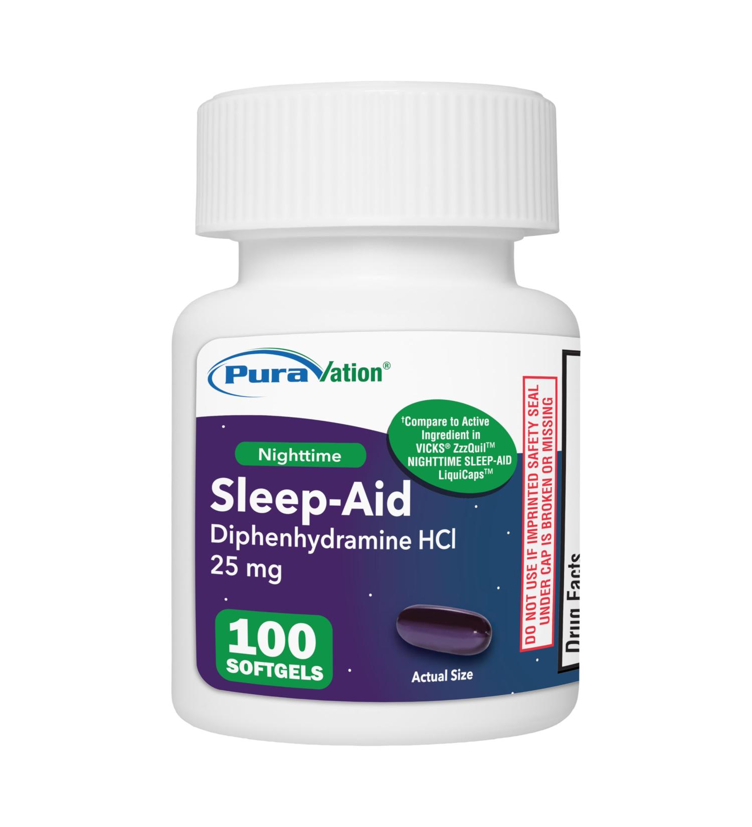 PURAVATION Nighttime Sleep Aid Softgels Diphenhydramine 25mg Supports Deeper Restful Sleeping Non-Habit-Forming 100 Count