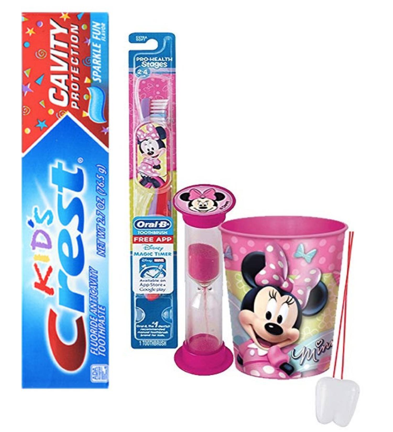 Disney Minnie Mouse Inspired 3pc. Bright Smile Oral Hygiene Set! Soft Manual Toothbrush, Crest Kids Sparkle Toothpaste & Mouthwash Rise Cup! Plus Bonus "Remember to Brush" Visual Aid!