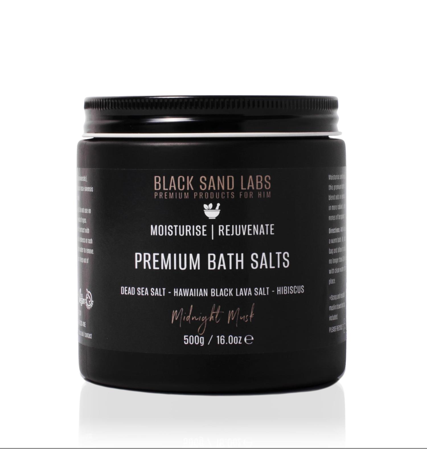 Black Sand Labs Premium Bath Salts for Him Premium Blend of Dead Sea & Hawaiian Black Lava Salts That Moisturises and Rejuvenates Skin Luxury Bath Salts for Men (Midnight Musk) - Buy Online on GoSupps.com