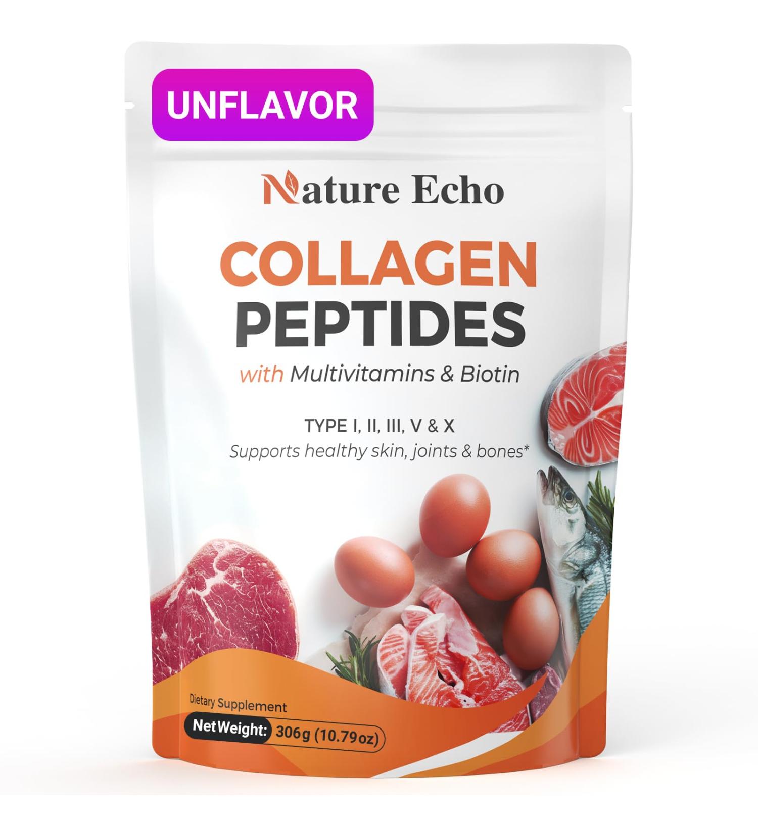 Nature Echo Collagen Peptides Powder Premium Hydrolyzed Multi-Collagen Complex with Biotin Hyaluronic Acid & Essential Vitamins for Skin Hair & Joint Health - Unflavored (30 Servings) - Buy Online on GoSupps.com