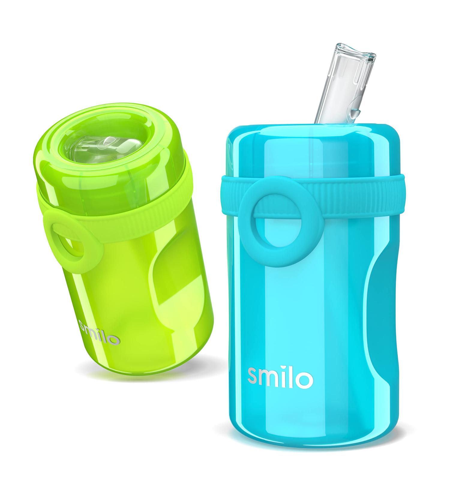 Smilo Sippy Cup 2 Pack for Toddlers (1+ years) - Spill Proof, Fold-Away Silicone Spout - 8.5 oz Capacity - BPA-Free - Made in USA - Aqua & Green/Blue - 2 Pack - Buy Online on GoSupps.com
