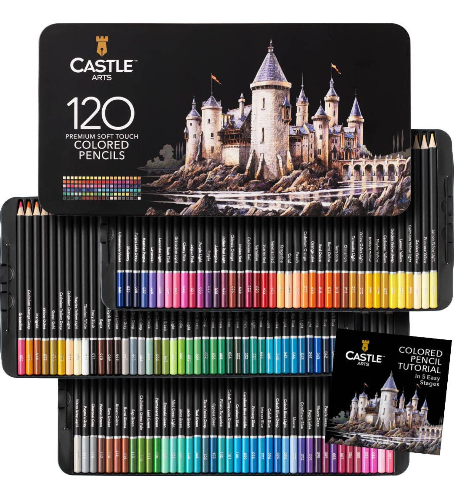 Castle Art Supplies 120 Colored Pencils Set - Professional Quality Soft Core Leads for Artists & Colorists - Presented in Black Tin Box - Buy Online on GoSupps.com